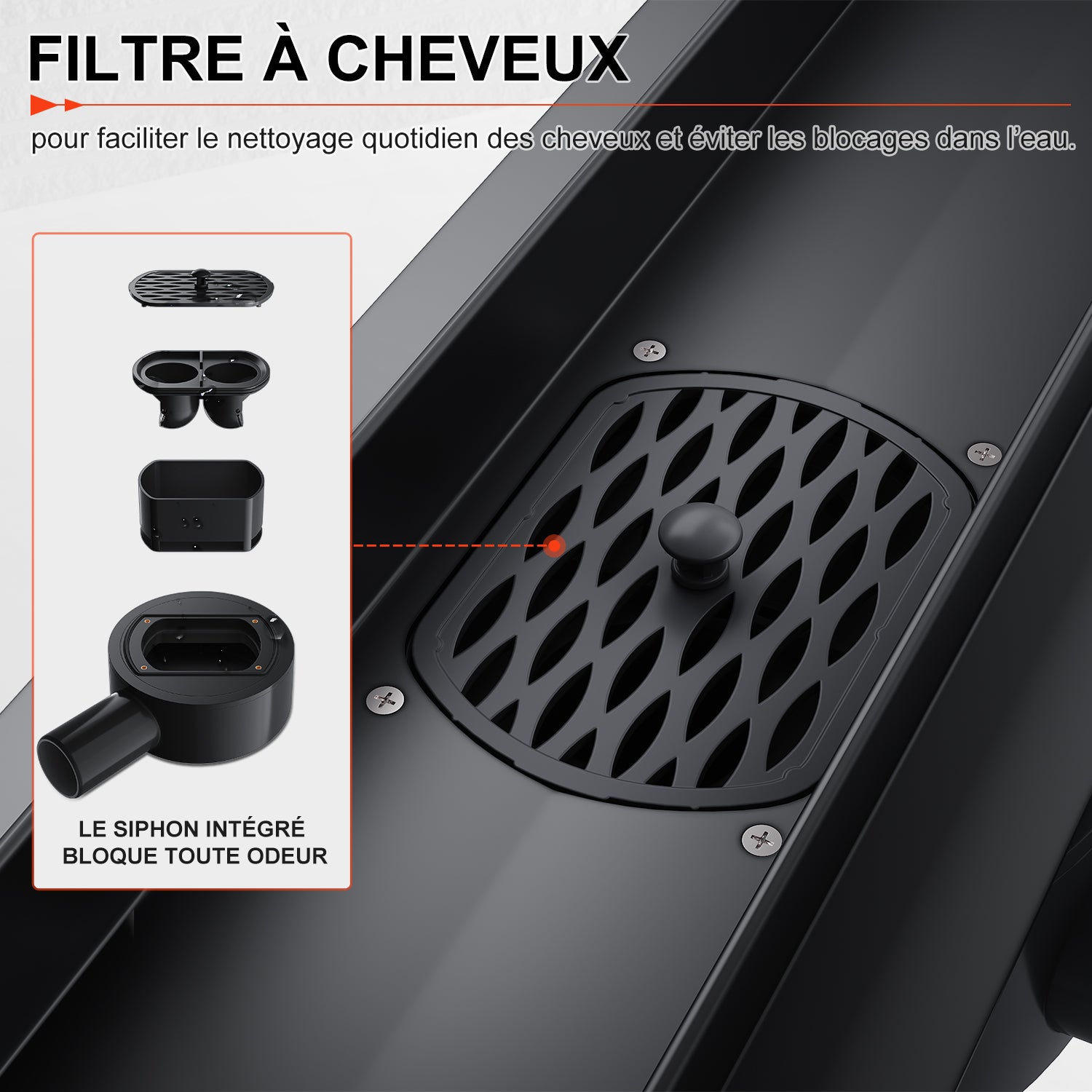SIRHONA Caniveau de Douche Noir 360° à l'Italienne, Siphon de Double Face Hauteur Réglable avec Filtre à Cheuveux, Canal de douche 80cm - 3