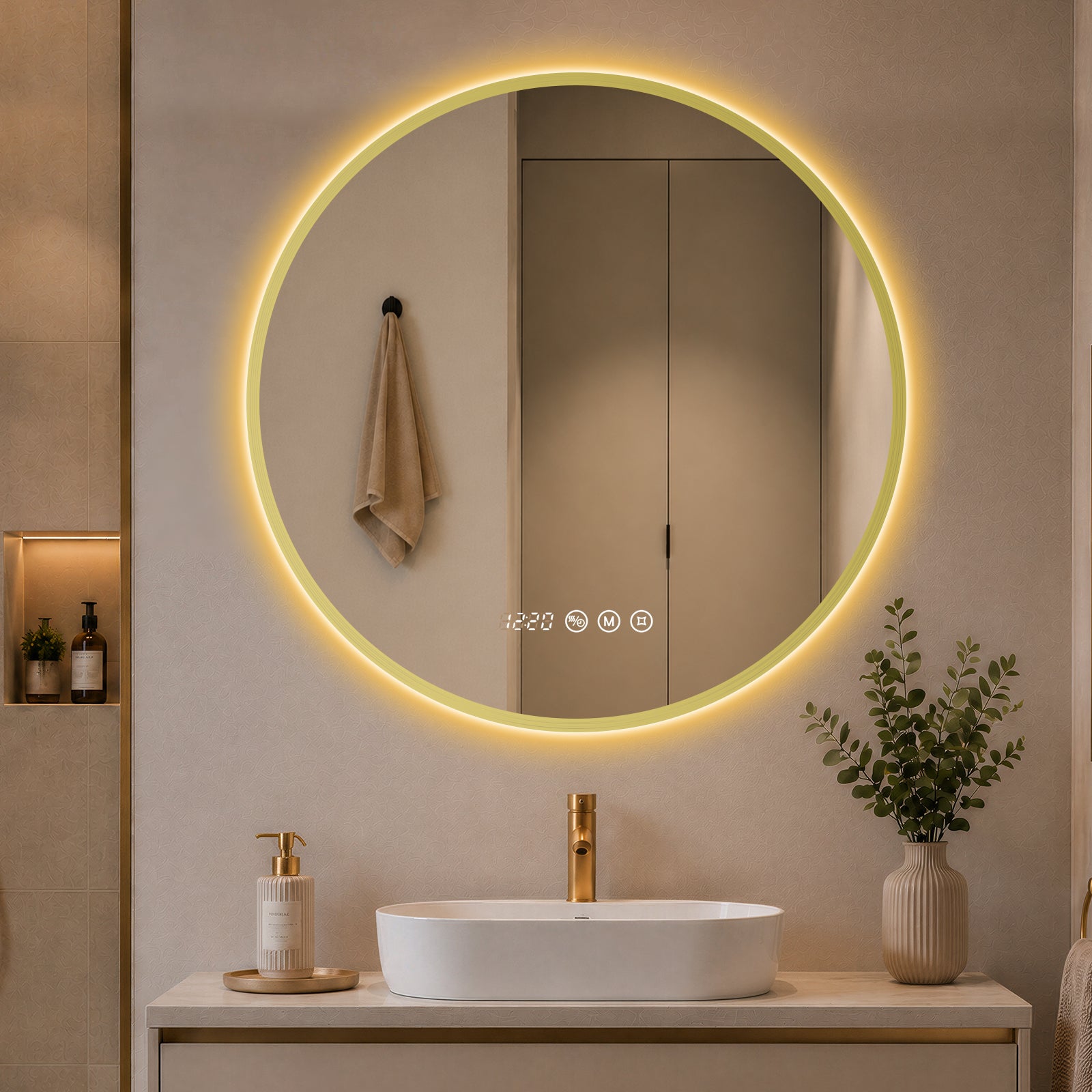 Lustro łazienkowe LED okrągłe 70 cm z złota ramą, lustro podświetlane z funkcją przeciwmgielną, 3 barwy światła, zegar, temperatura, pamięć, IP65