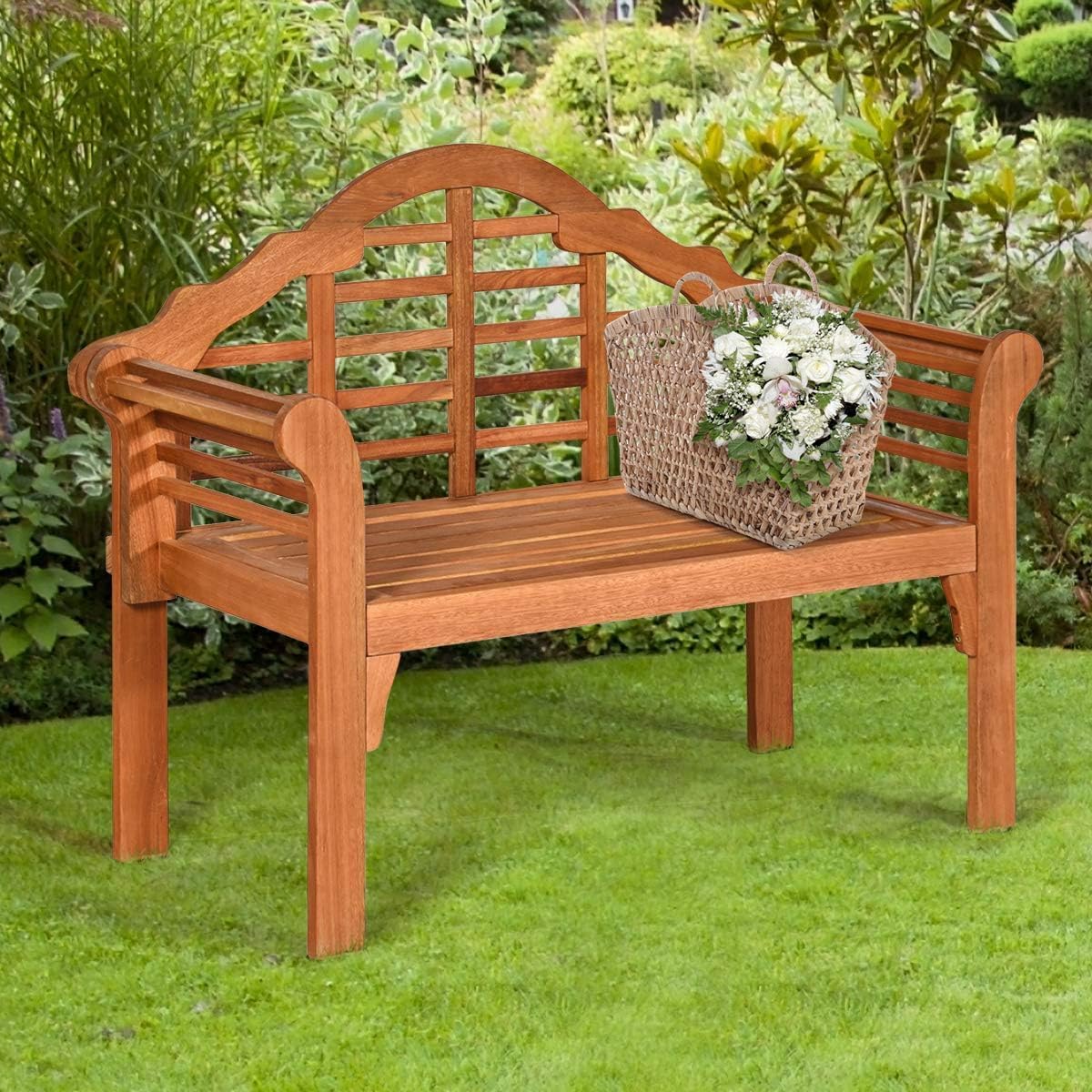 Składana Drewniana Ławka Ogrodowa, Ławka Zewnętrzna z Pochylonym Oparciem i Ergonomicznymi Poręczami, Nośność 360 kg, 123 x 54 x 96 cm (Akacja, 1)