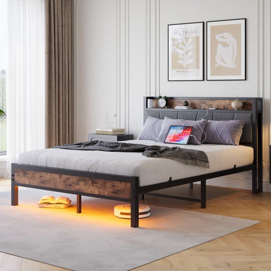 Rama łóżka 120×200 cm z inteligentnymi diodami LED, schowkiem i portami USB – solidna metalowa konstrukcja, cicha praca i łatwy montaż - 3