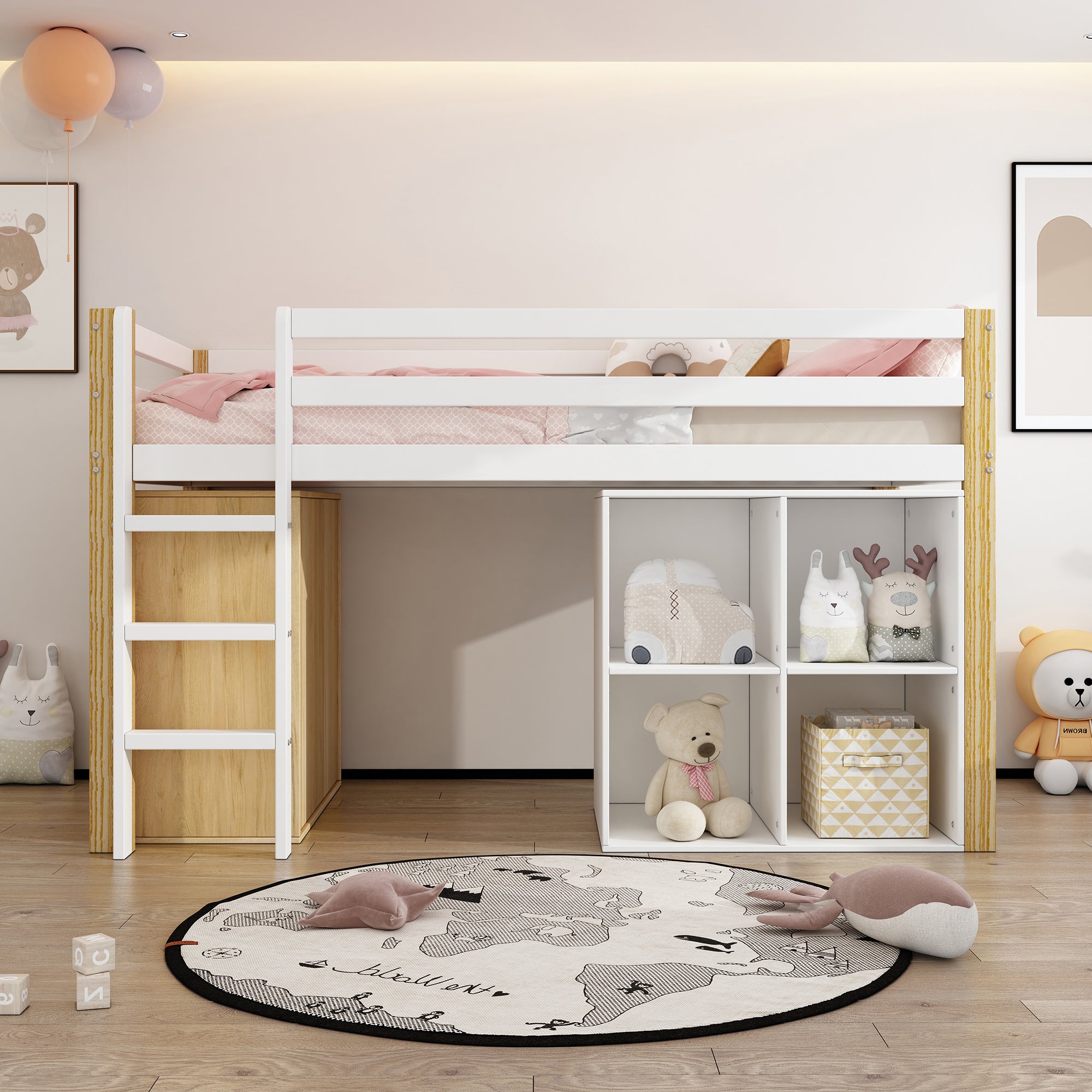 Łóżko piętrowe dla dzieci 90 x 200 cm - 2 szafy i drabinka - Drewno lite + MDF - Kolor naturalny + biały (materac nie jest wliczony w cenę) - 3