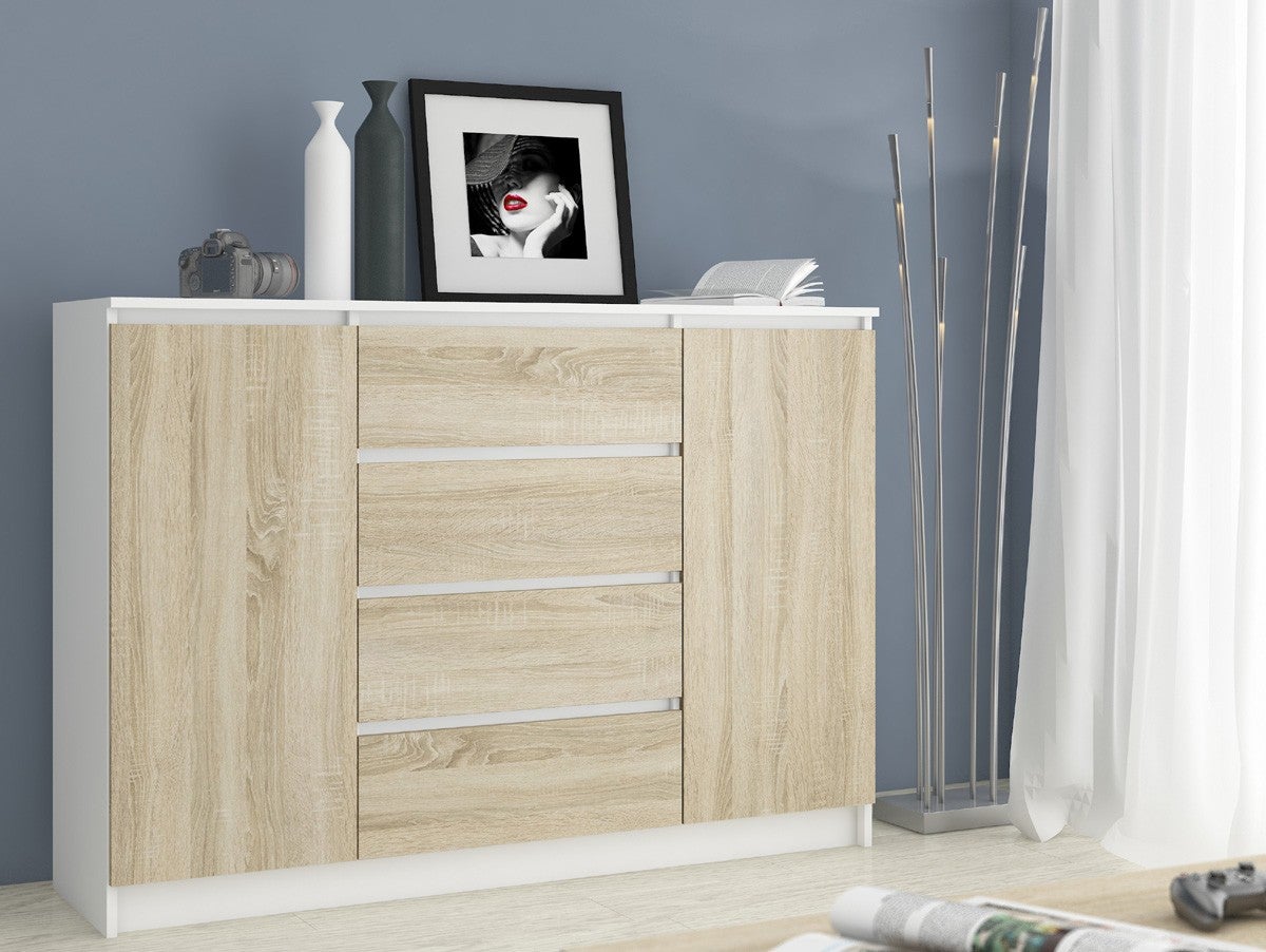Grande Commode pour le salon AKORD K160 Blanche 160 cm 2 portes 4 tiroirs façade Chêne Sonoma 4 étagères 160x40x99 cm - 4