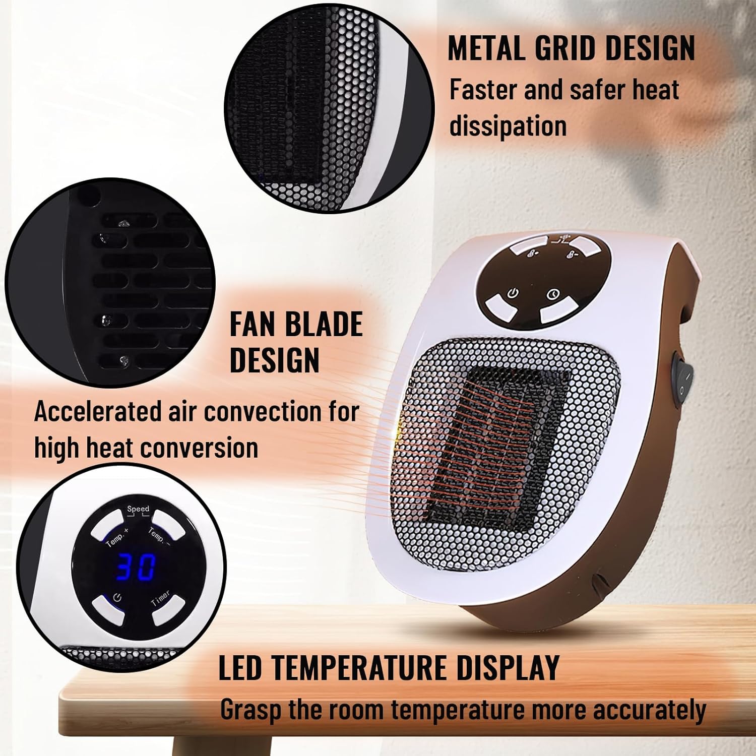Miniaturowy ceramiczny termowentylator 500 W, cichy termowentylator, do łazienki i sypialni, biały - 4