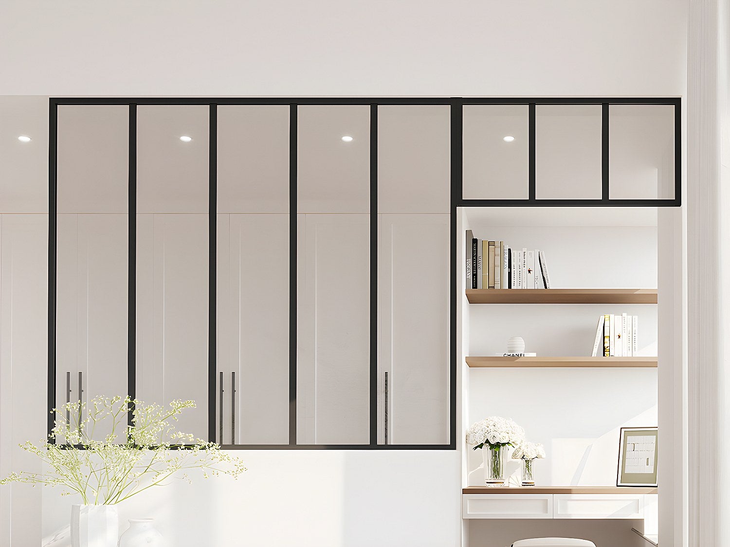Cristalera estilo taller con travesaño de aluminio termolacado - ancho 150 x alt. 130 + ancho 83 x alt. 40 cm - negro - bayview