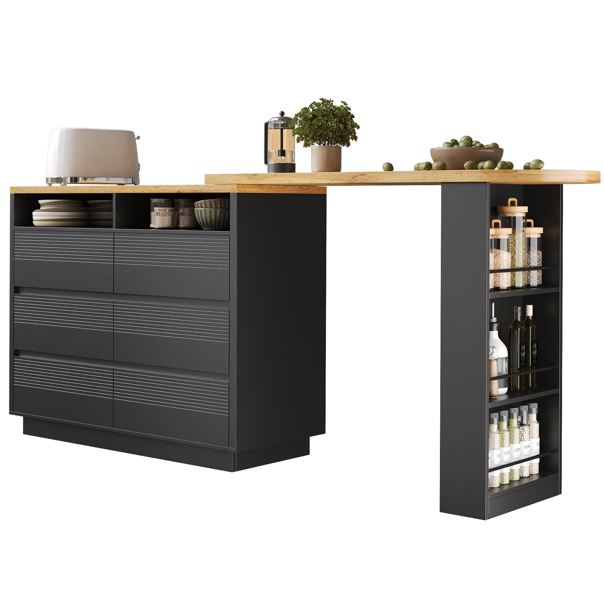 Meuble de bar de cuisine extensible - et rotation à 360° - 215x39x102cm - 6 tiroirs - table bistro - avec étagères latérales - Noir - 5