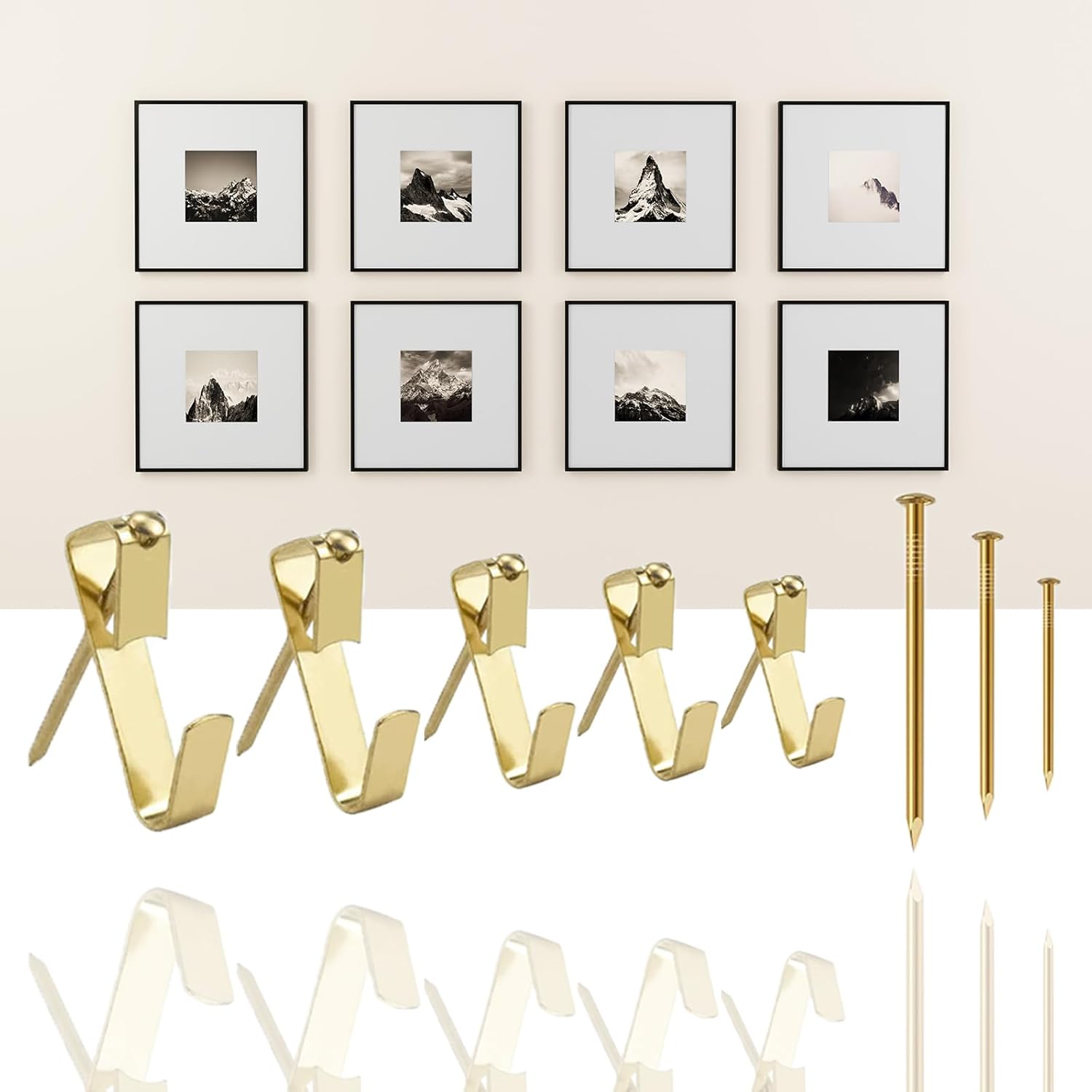 Ganci per cornici da 130 pezzi, ganci per quadri, kit ganci per cornici, adatti per appendere e fissare foto e orologi (ORO) - 6