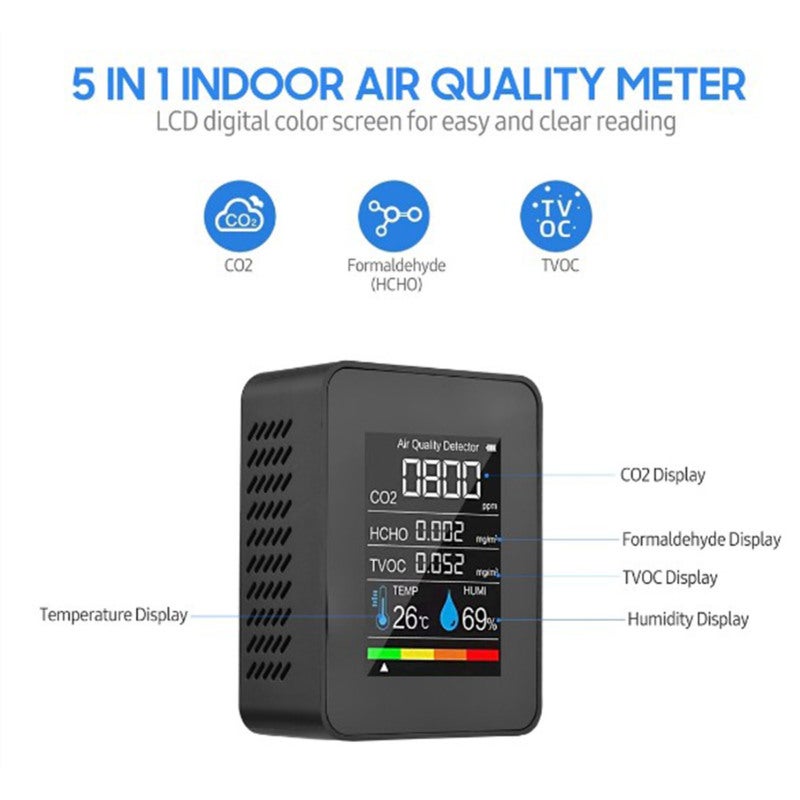 Detector de formaldehído, sensor TVOC, CO2, PM2.5, temperatura, humedad, analizador de calidad del aire 5 en 1, negro,detector co2 - 6
