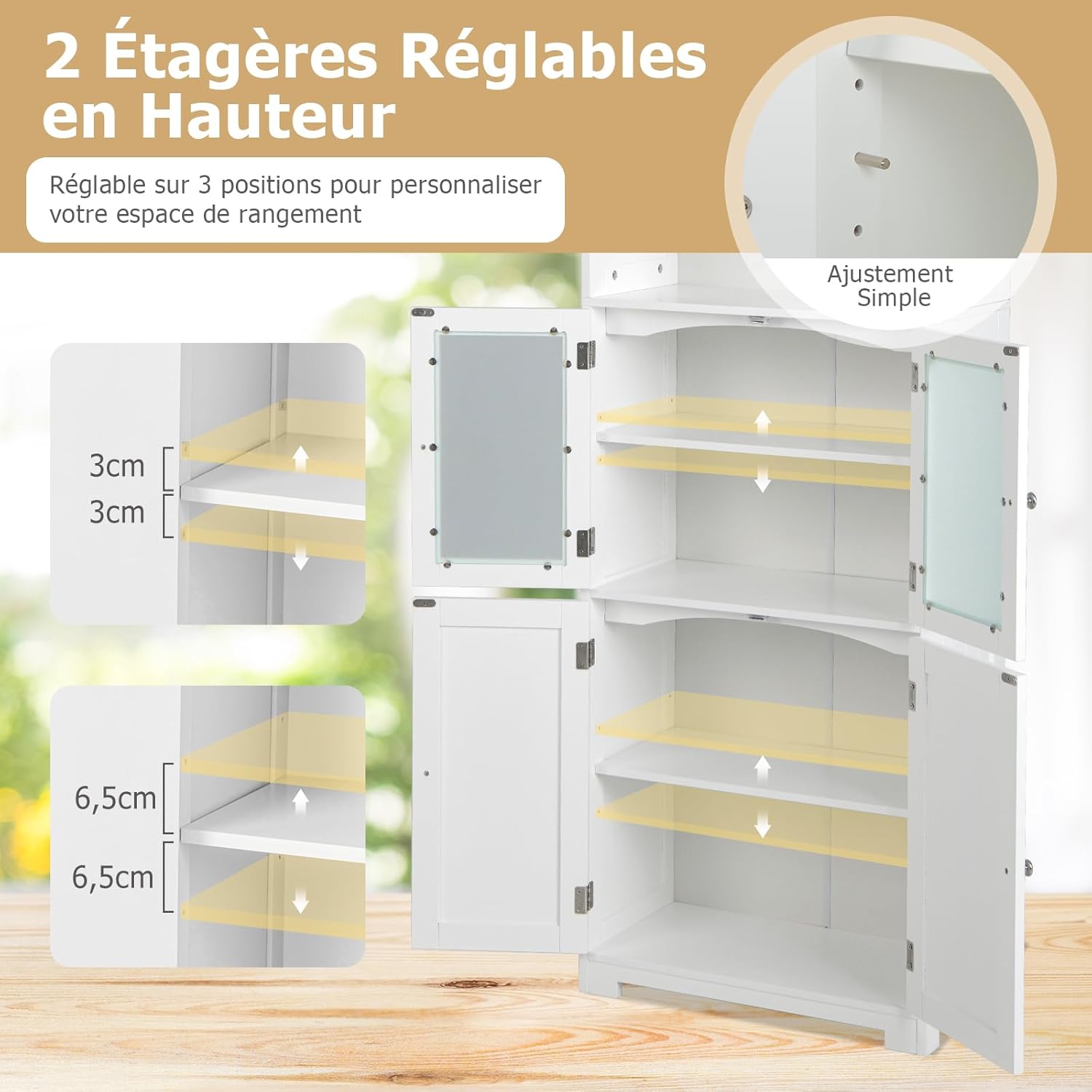 Meuble de Salle de Bain 60 x 30 x 163 cm, Rangement avec 2 Étagères Ouvertes et 2 Compartiments à Portes, Armoire Haute avec Étagères Réglables - 4
