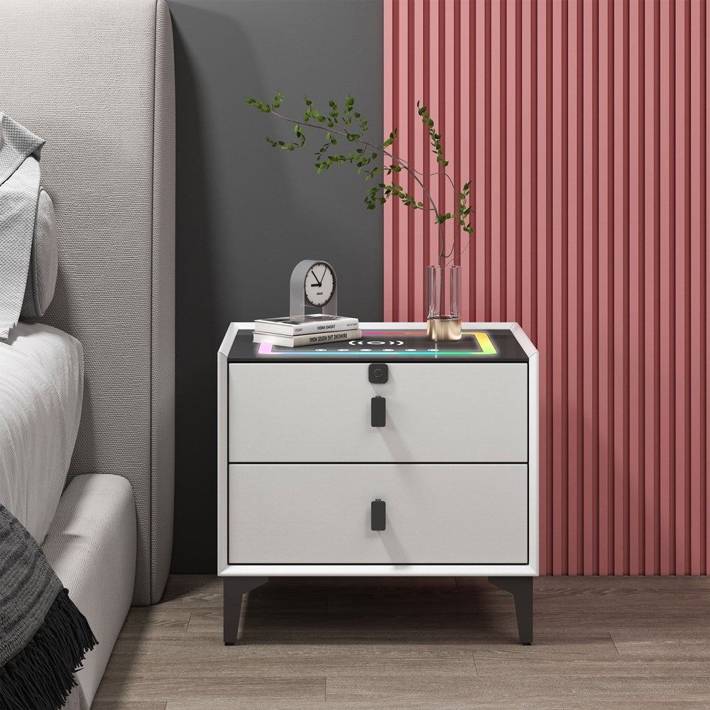 Table de chevet intelligente avec lumière, tiroirs et station de charge | Homary