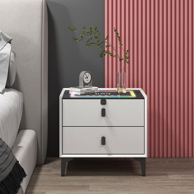 Table de chevet intelligente avec lumière, tiroirs et station de charge | Homary Table de chevet intelligente avec lumière, tiroirs et station de charge | Homary