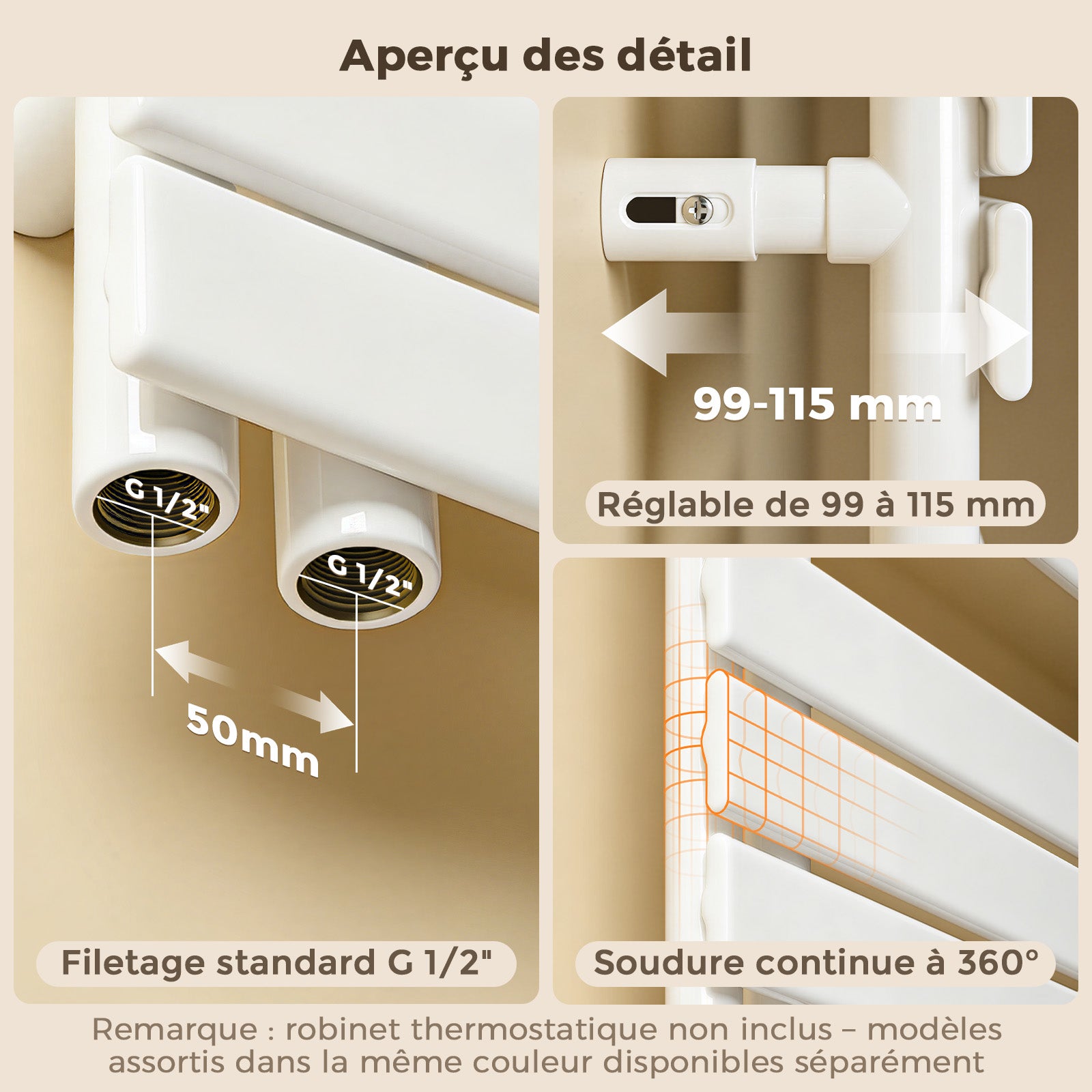 Grzejnik łazienkowy drabinkowy na ciepłą wodę - Stalowy z podłączeniem środkowym - Kolor biały - Wymiary 762 x 400 mm - Moc 342 W - 4