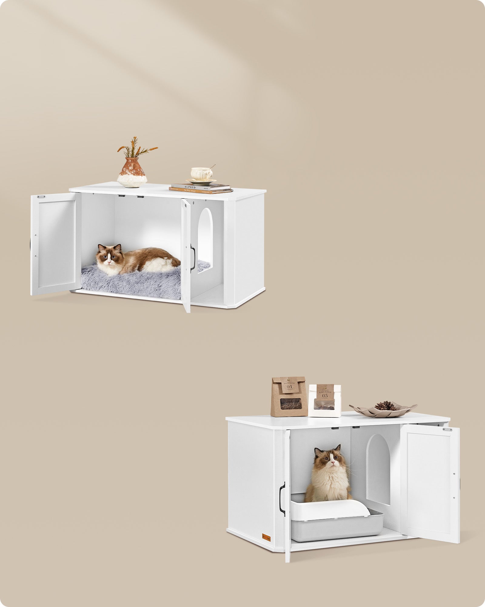 Meuble Litière pour Chat, Entrée par Devant, Blanc Nuage - 3