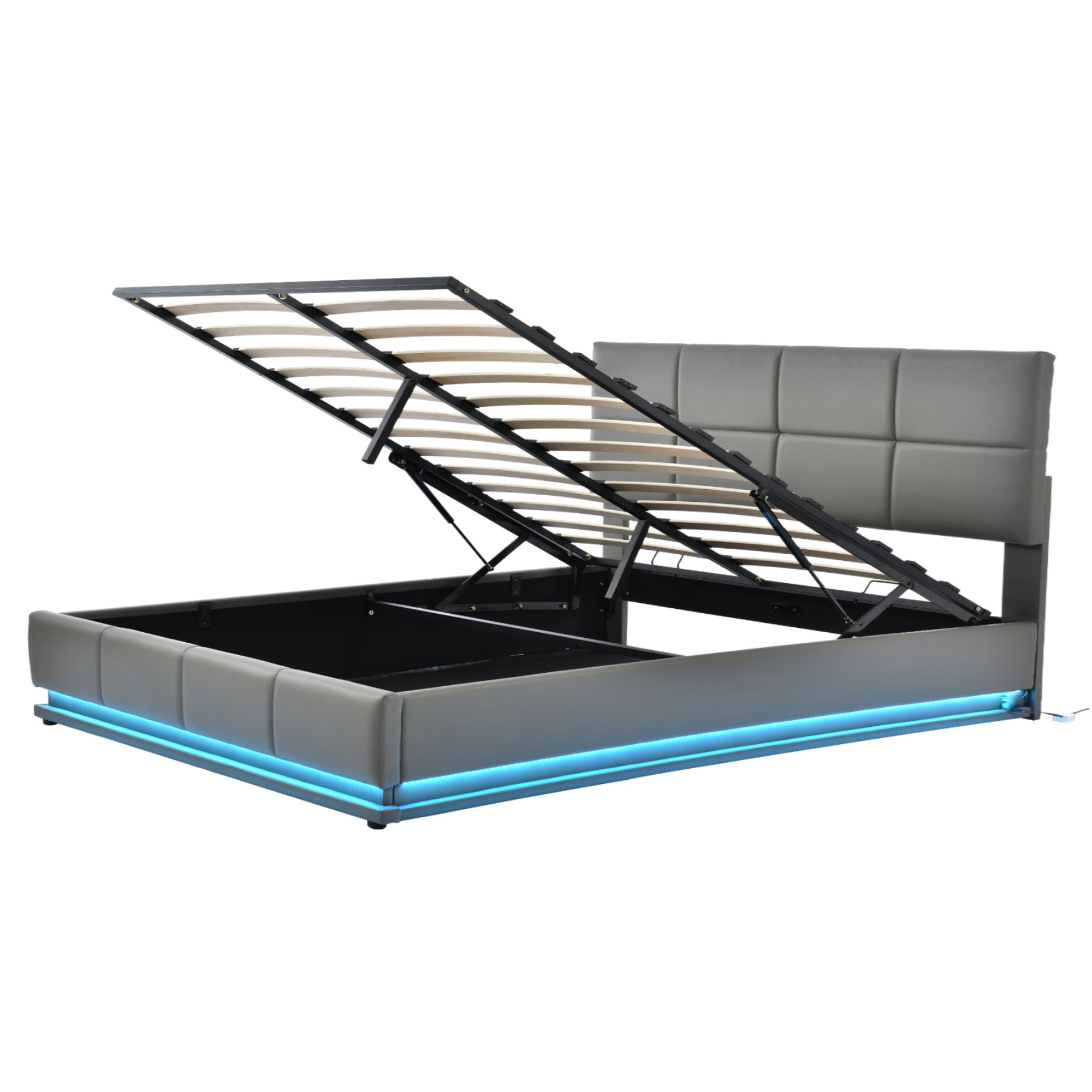 Łóżko 160x200cm z ekoskóry z LED + stelaż z listew + regulowane wezgłowie - Szare - 4