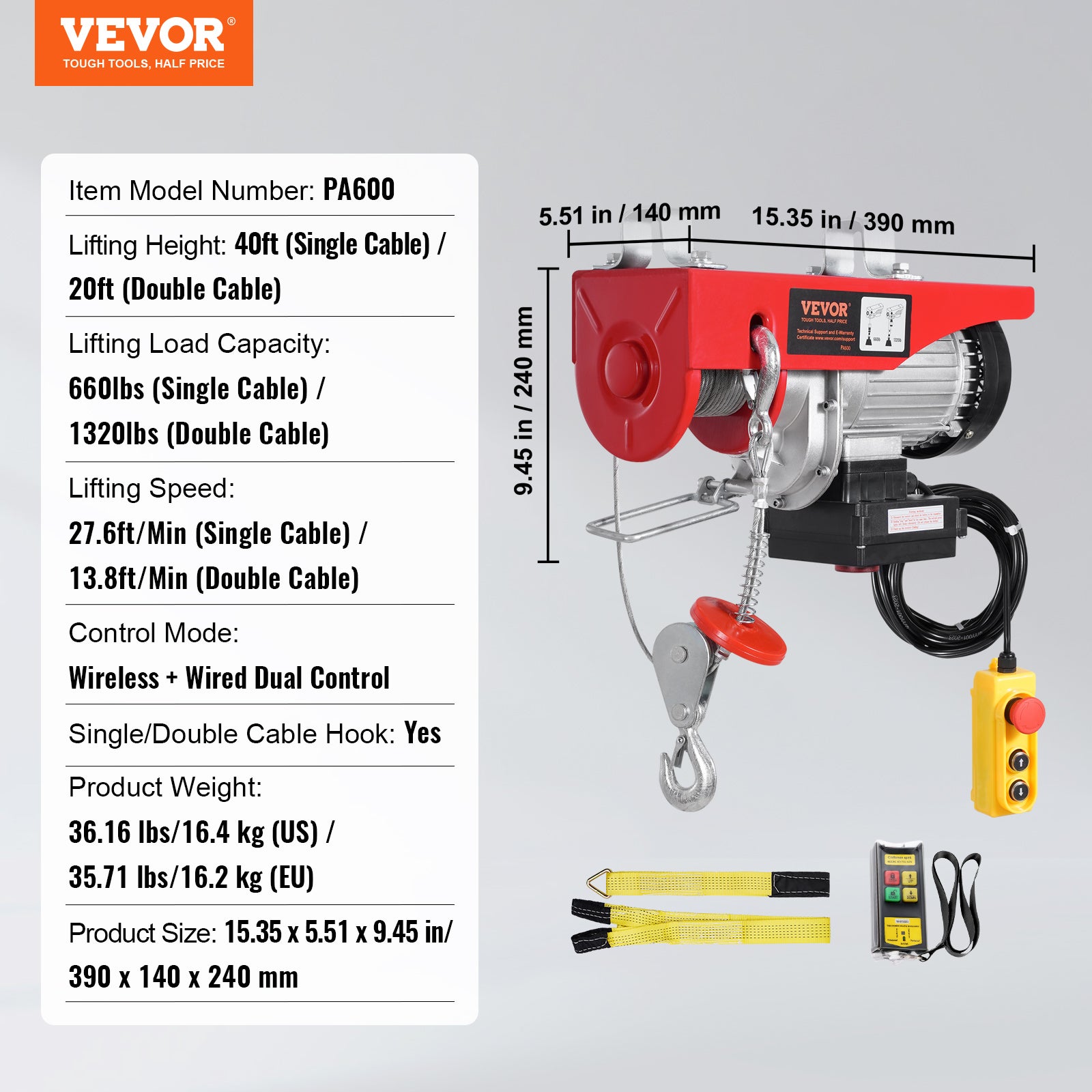 Palan électrique,VEVOR capacité de charge 600kg,télécommande filaire 4,2m et télécommande sans fil 100m,hauteur de levage 12m,arrêt d'urgence - 7