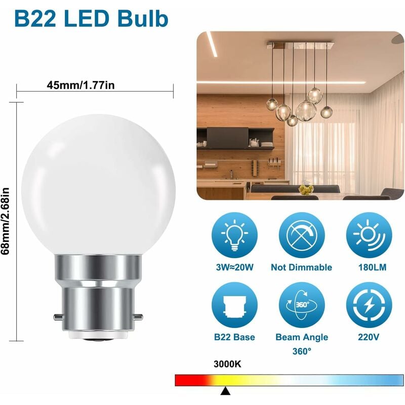 Ampoule LED à Baïonnette B22 3W,Ampoule Mini Globe Golfball B22 G45,Blanc Chaud 3000K,280LM,Non Dimmable,Lot De 10 [Classe énergétique G] | Leroy Merlin