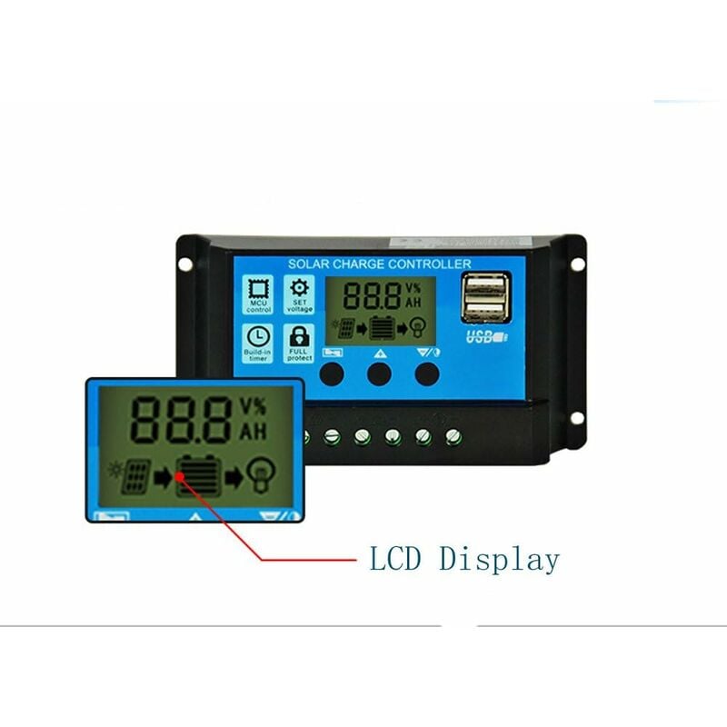 Controlador de carga de painel solar PWM 12V/24V 30A com tela LCD e porta USB dupla - 4