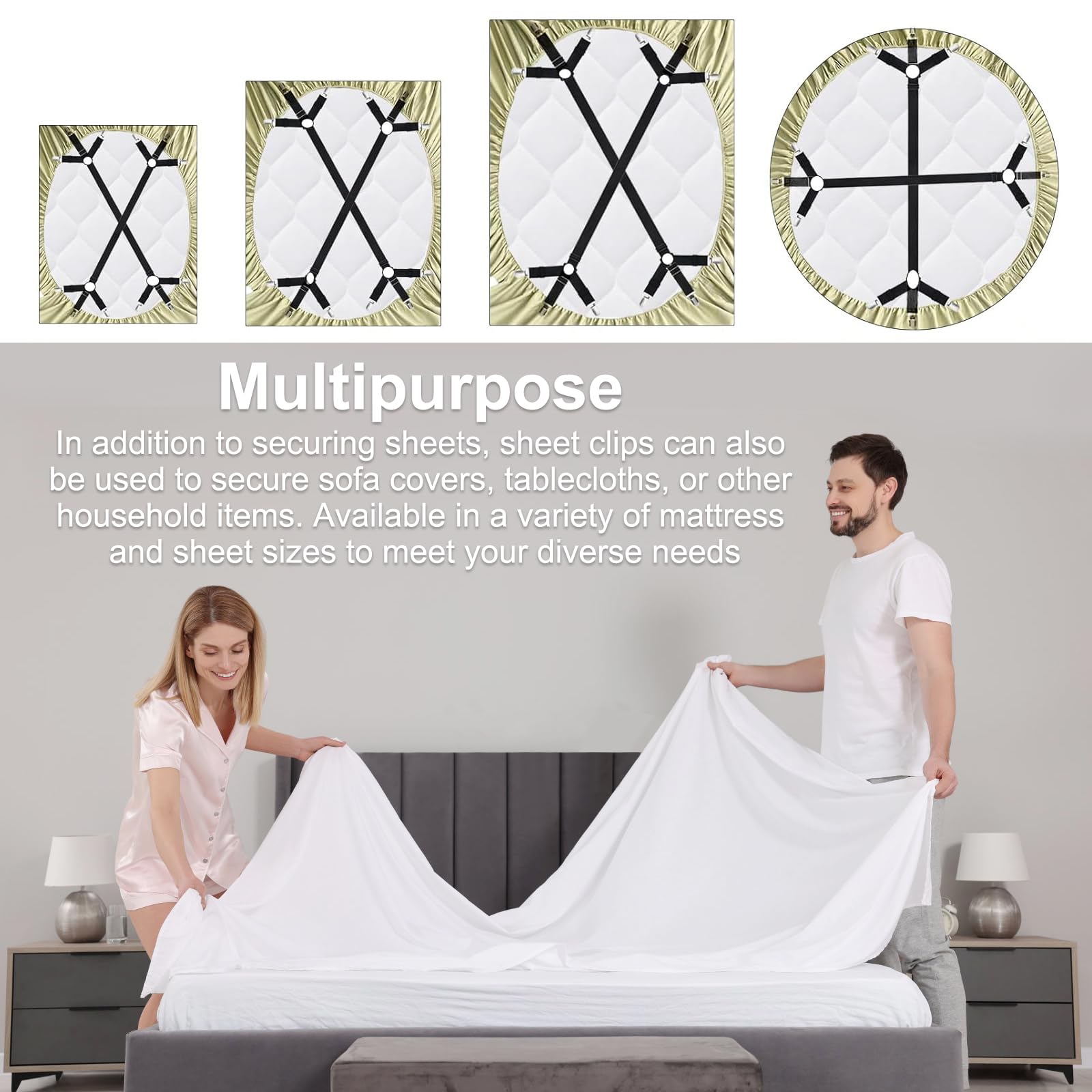 2 Pièces Tendeur Drap Housse, Élastiques Ajustables Attache Drap Housse avec Pinces Métalliques, Sangle Drap Housse pour draps, Matelas - 5