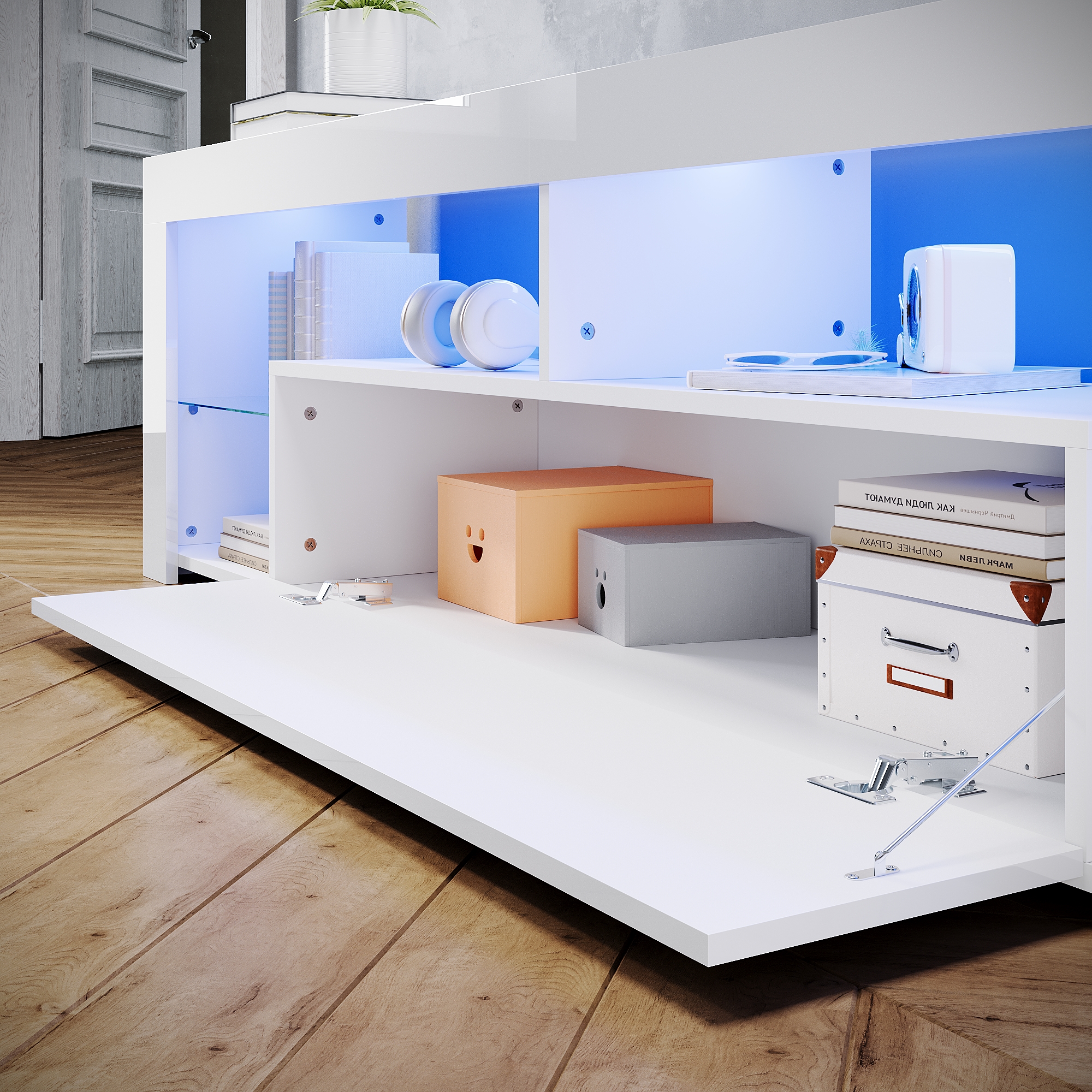 SIRHONA Meuble TV LED Rangement Moderne Sans Poignées + Etagères en Verre + Blanc + 160 cm - 4