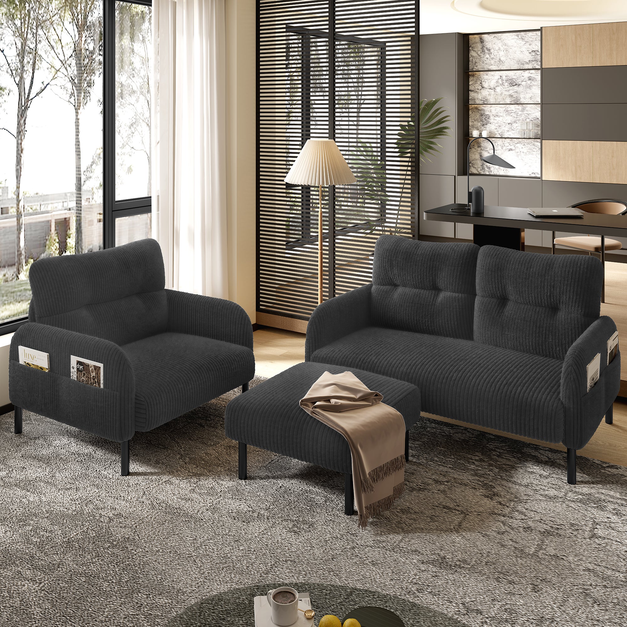 Zestaw sofa 2-osobowa + fotel + stołek - 120 x 75 x 79 cm - Kord i nogi metalowe - Szary