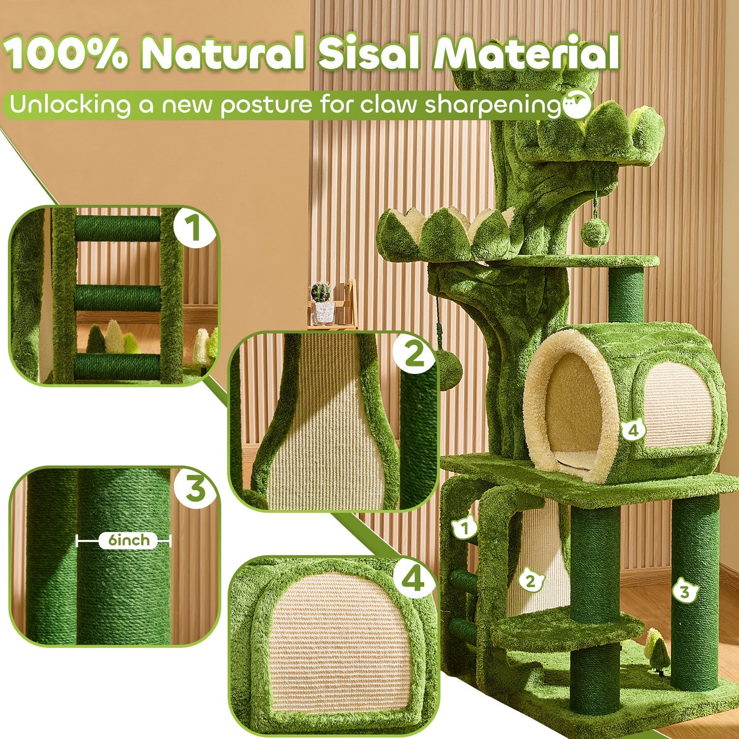 Arbre à chat Lotus de luxe de 204 cm avec 2 mangeoires dissimulées, échelle, niche double face et 2 griffoirs en sisal. - 5