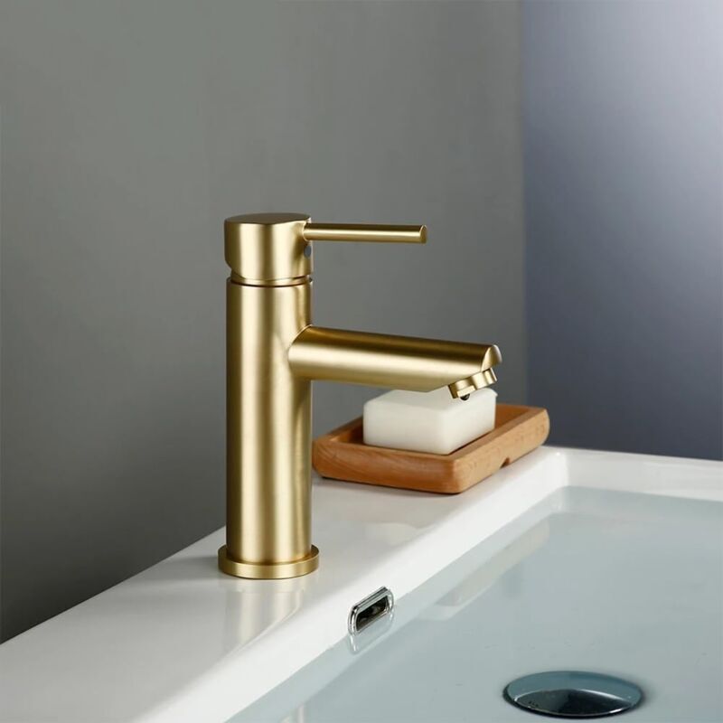Mitigeur Lavabo Moderne en Laiton Doré Brossé - Design Élégant pour Salle de Bain,Robinet Eau Chaude et Froide avec Valve Céramique - 3