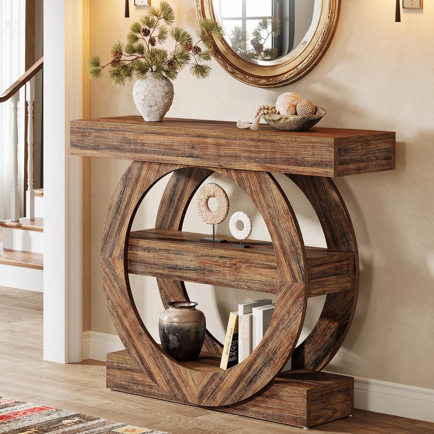 Tribesigns Konsola Country Home, 105 cm, stolik kawowy z 3 poziomami i okrągłą podstawą