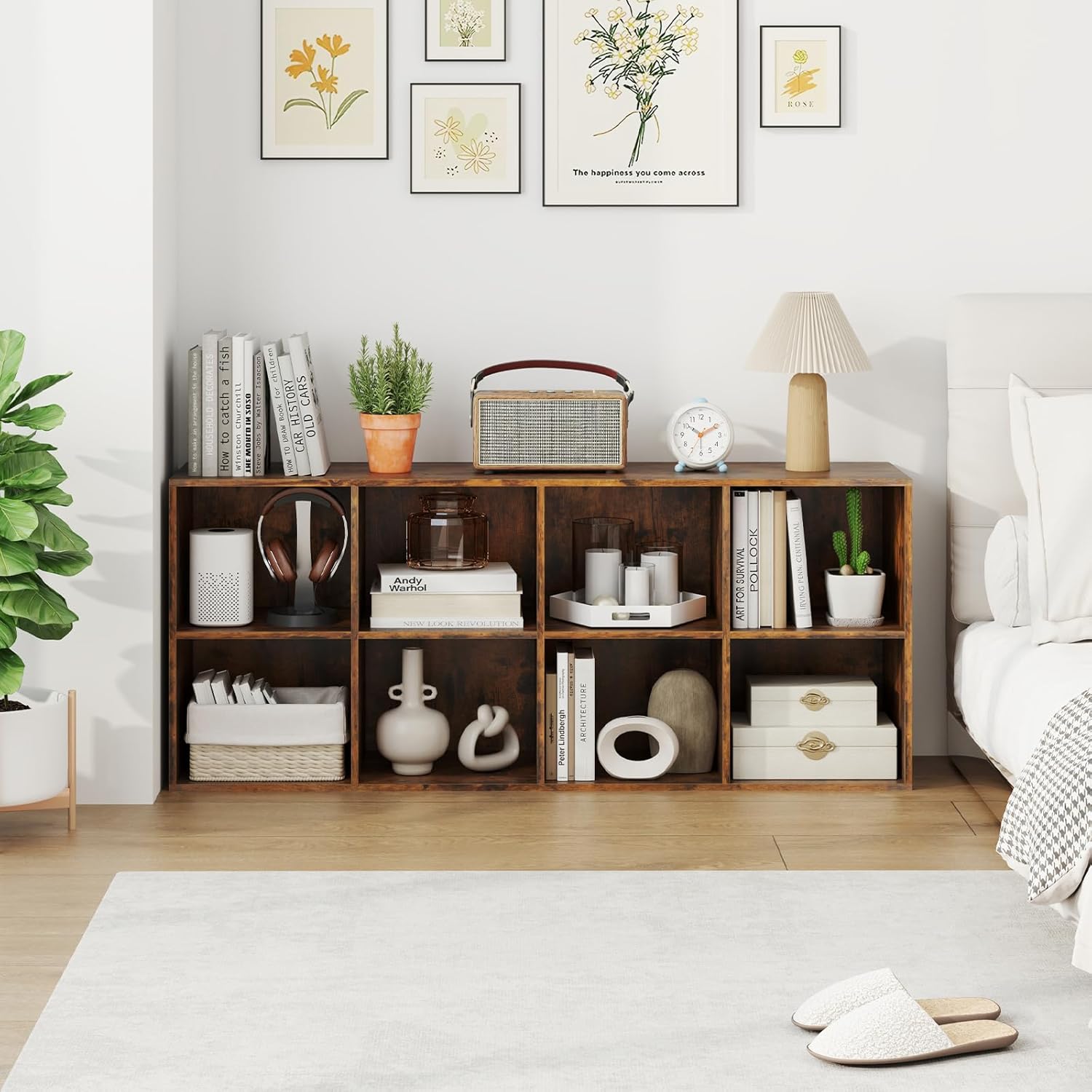 Bibliothèque d'Exposition à 2 Niveaux avec 8 Cubes, Étagère de Rangement Autoportante avec 2 Kits Antibasculement (Marron Rustique) - 9