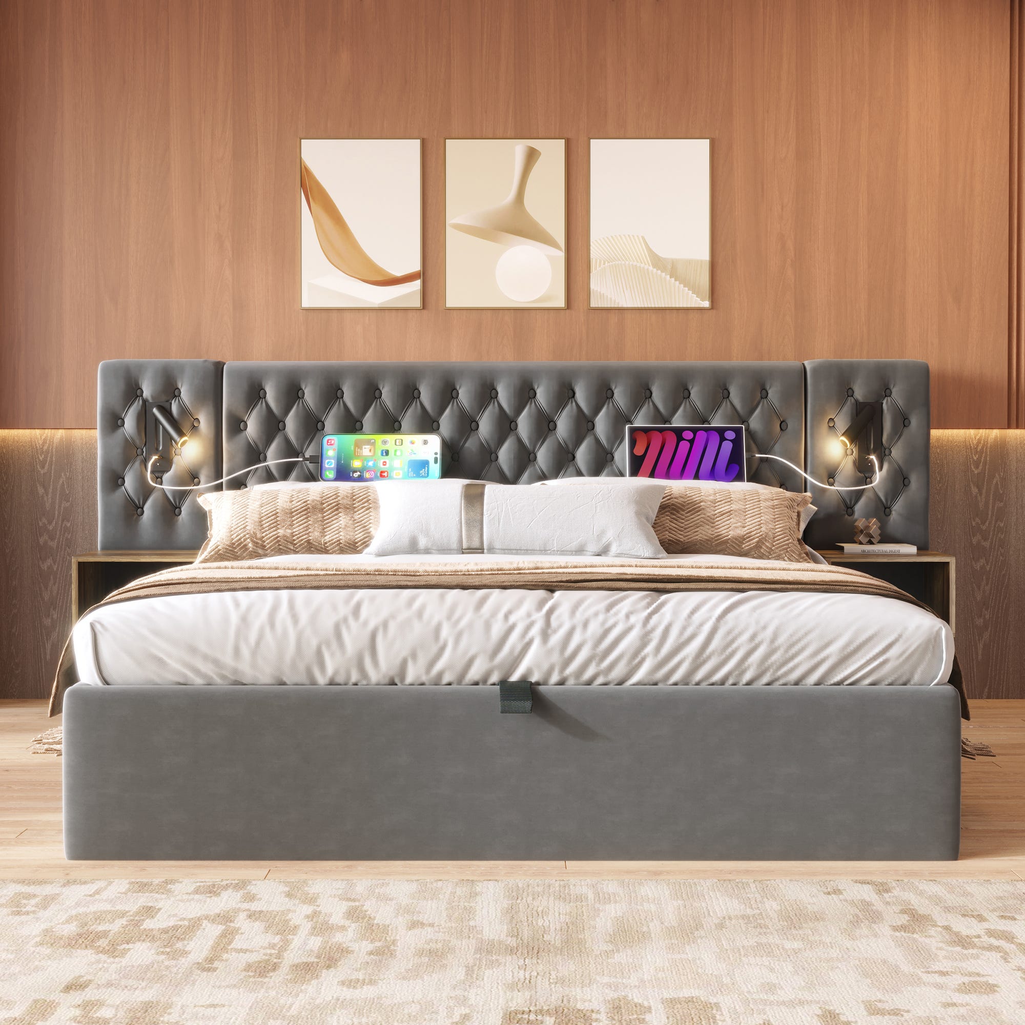 BOFENG Struttura per letto king size con testiera in legno, struttura per letto king size in metallo resistente, con contenitore, senza bisogno di molle, base materasso/robusto supporto a doghe in BOFENG Struttura per letto king size con testiera in legno, struttura per letto king size in metallo resistente, con contenitore, senza bisogno di molle, base materasso/robusto supporto a doghe in
