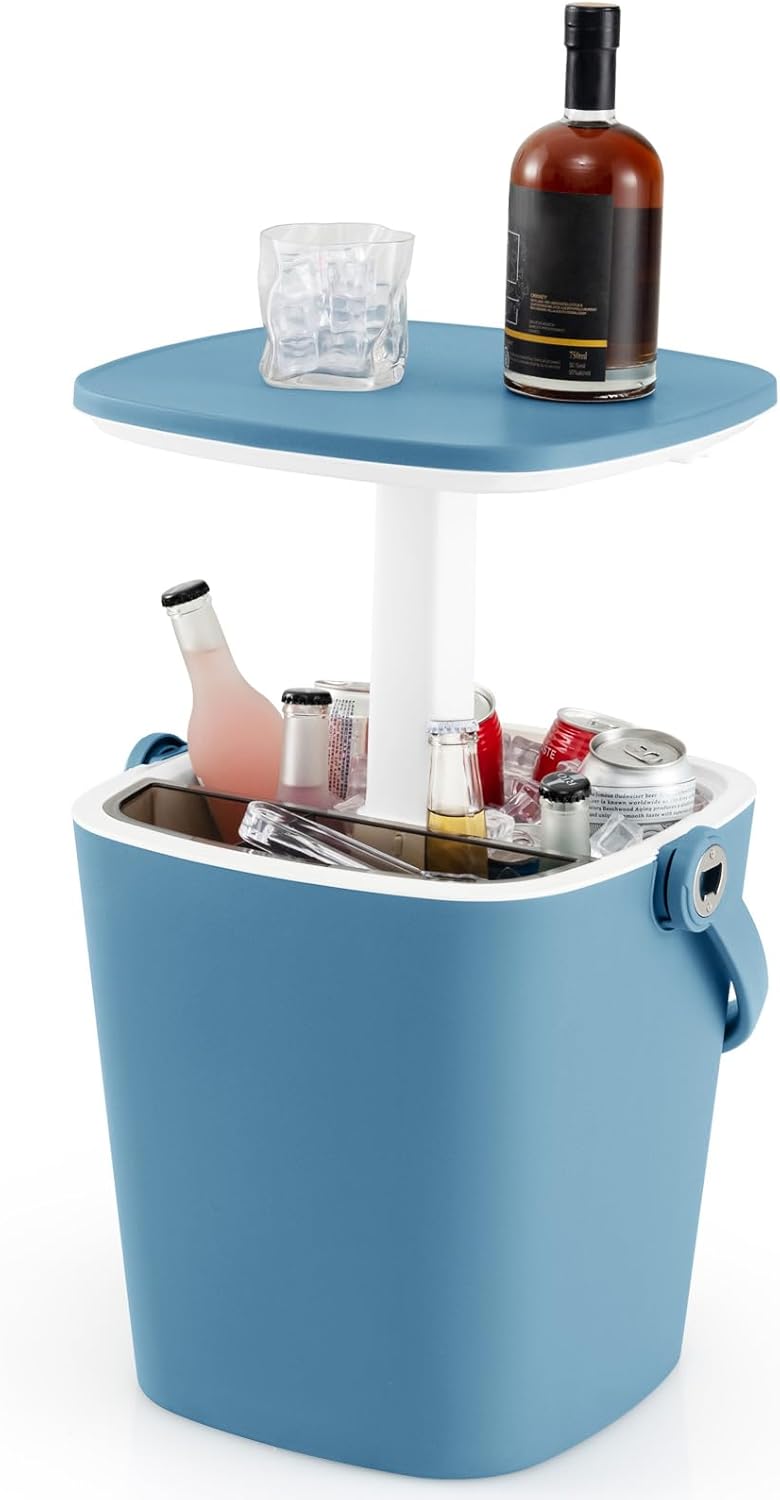 3 w 1 Zewnętrzny Stolik z Lodówką 15 l, Stolik Ogrodowy z Wysuwaną Pokrywą, Przegródką, Otwieraczem do Butelek i Szczypcami do Lodu (Niebieski)