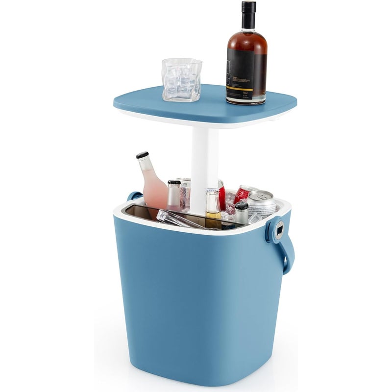 3 w 1 Zewnętrzny Stolik z Lodówką 15 l, Stolik Ogrodowy z Wysuwaną Pokrywą, Przegródką, Otwieraczem do Butelek i Szczypcami do Lodu (Niebieski)