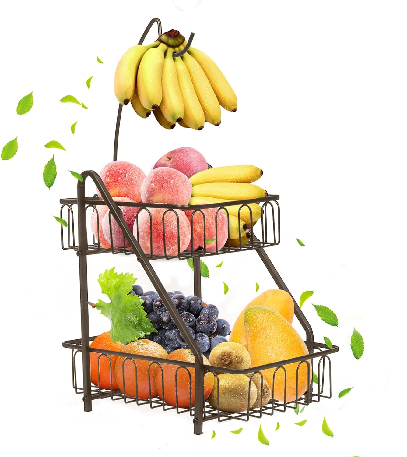 Dwupoziomowy kosz na owoce ze stojakiem na banany (Brąz)