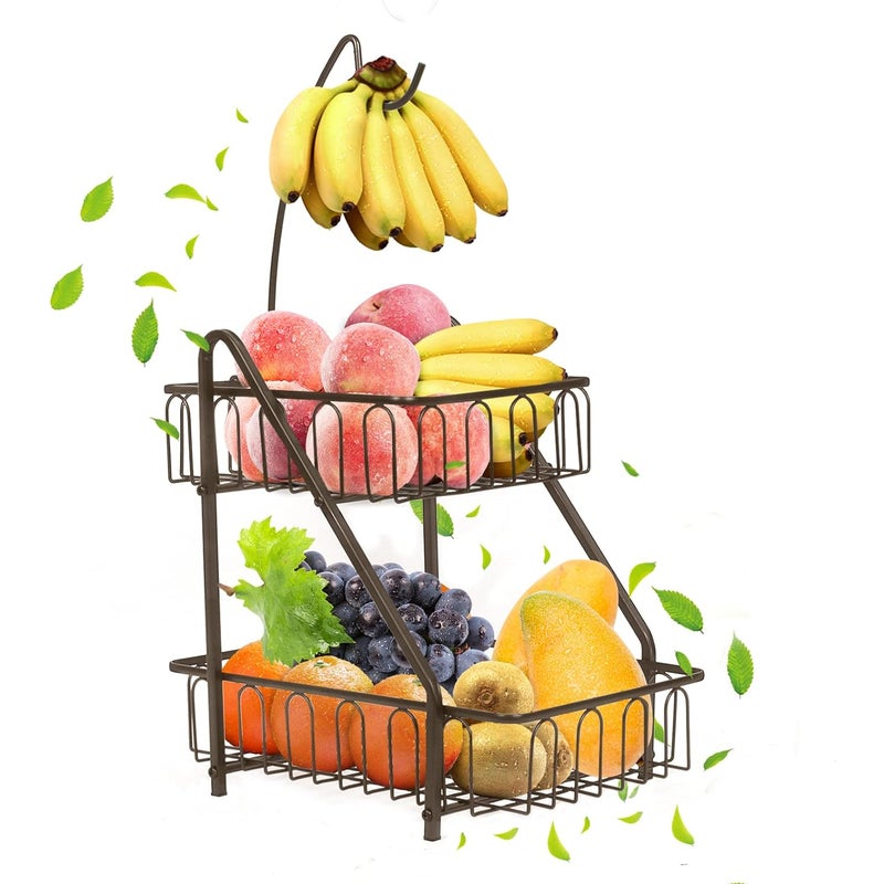 Dwupoziomowy kosz na owoce ze stojakiem na banany (Brąz)