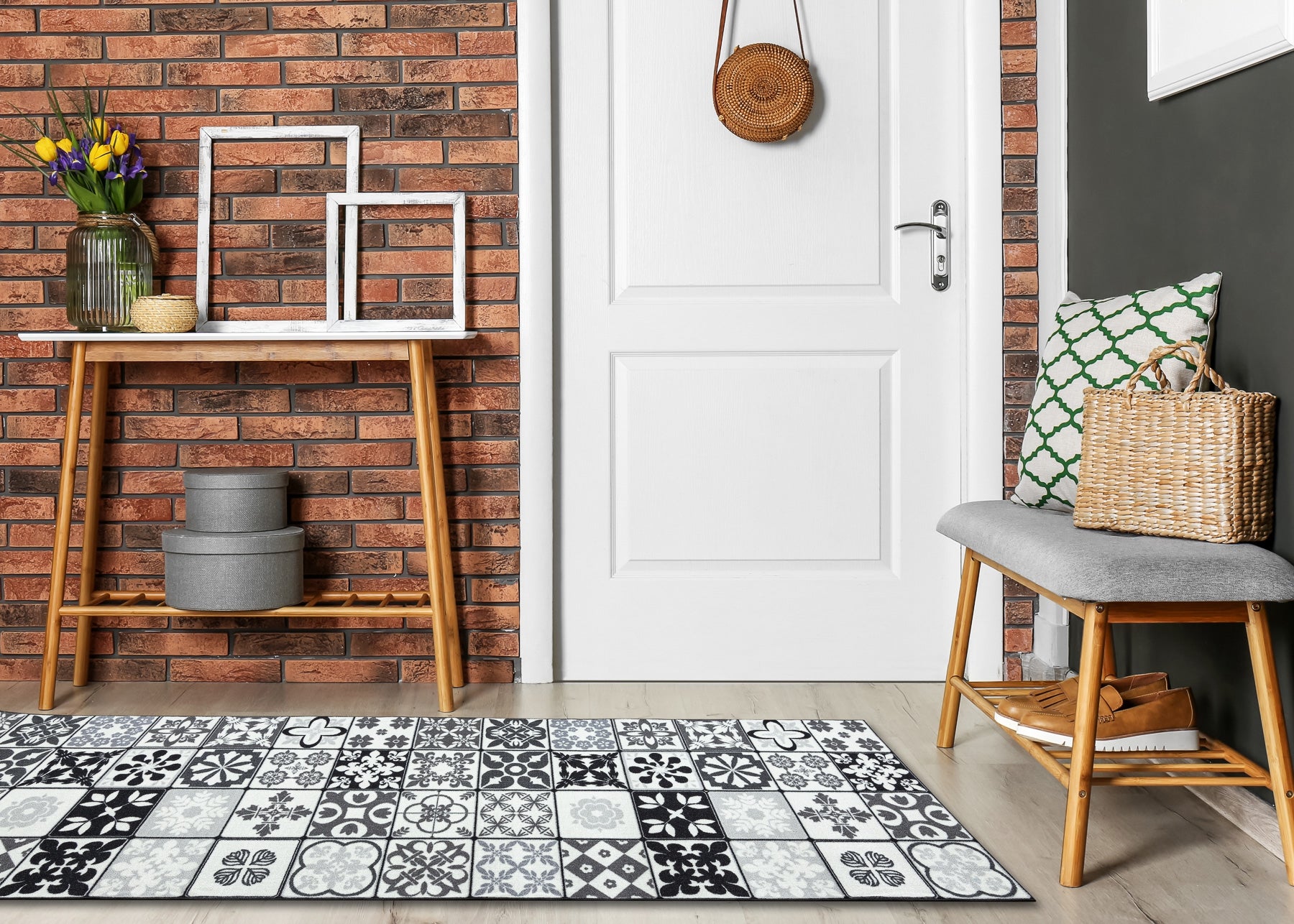 TAPIS DE COULOIR antidérapant AZULEJO PATCHWORK, CARREAUX DE LISBONNE gris / noir 110x520 cm - 3