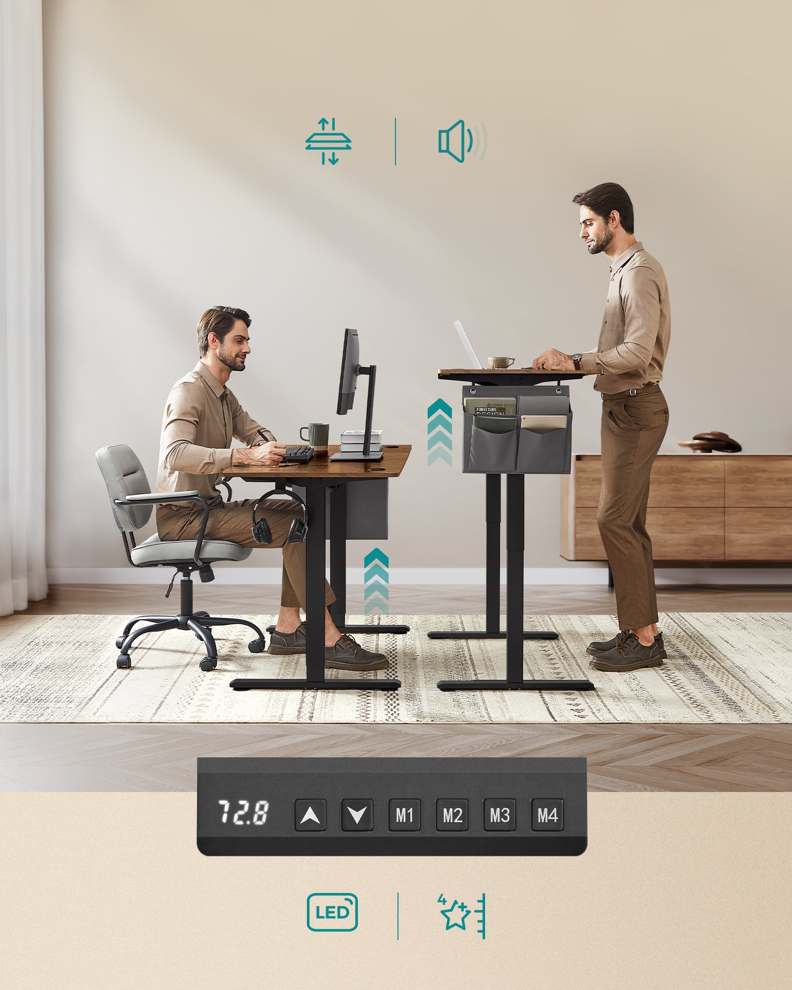 Bureau Électrique Assis-Debout, Bureau Réglable en Hauteur, 60 x 120 x (72-120) cm, 4 Hauteurs Mémorisables, Pochette de Rangement, Marron et Noir - 7
