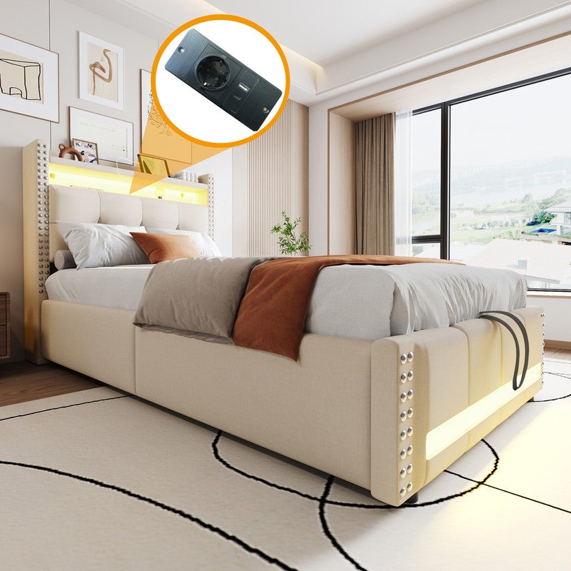 Tapicerowane łóżko skrzyniowe 90x200 cm - z oświetleniem LED - z USB - pościel - beżowe (materac nie wchodzi w skład zestawu)