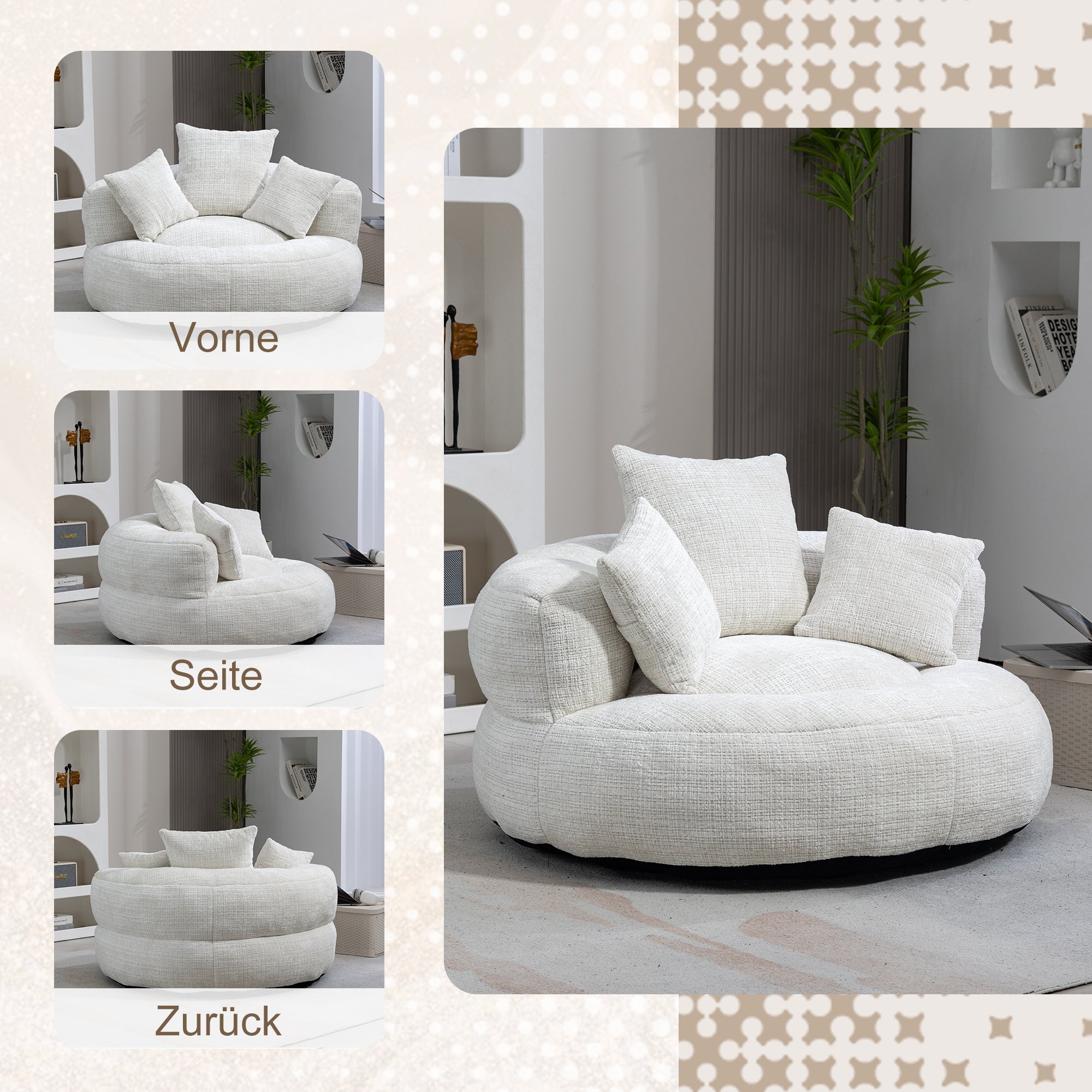 Poltrona Lazy Sofa com três almofadas, assento confortável com encosto alto, para adultos e crianças, interior/exterior, chenille bege - 4