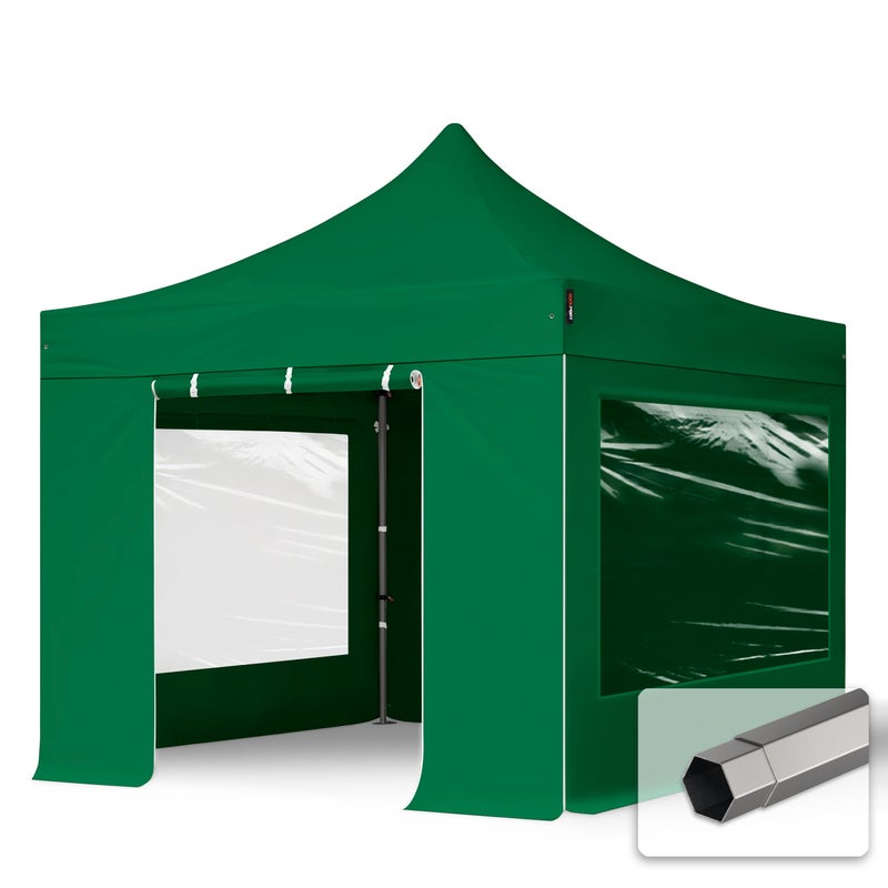 3x3 m Namiot Ekspresowy, PREMIUM Stal 40mm, ze ścianami bocznymi, okna panoramiczne, ciemnozielony