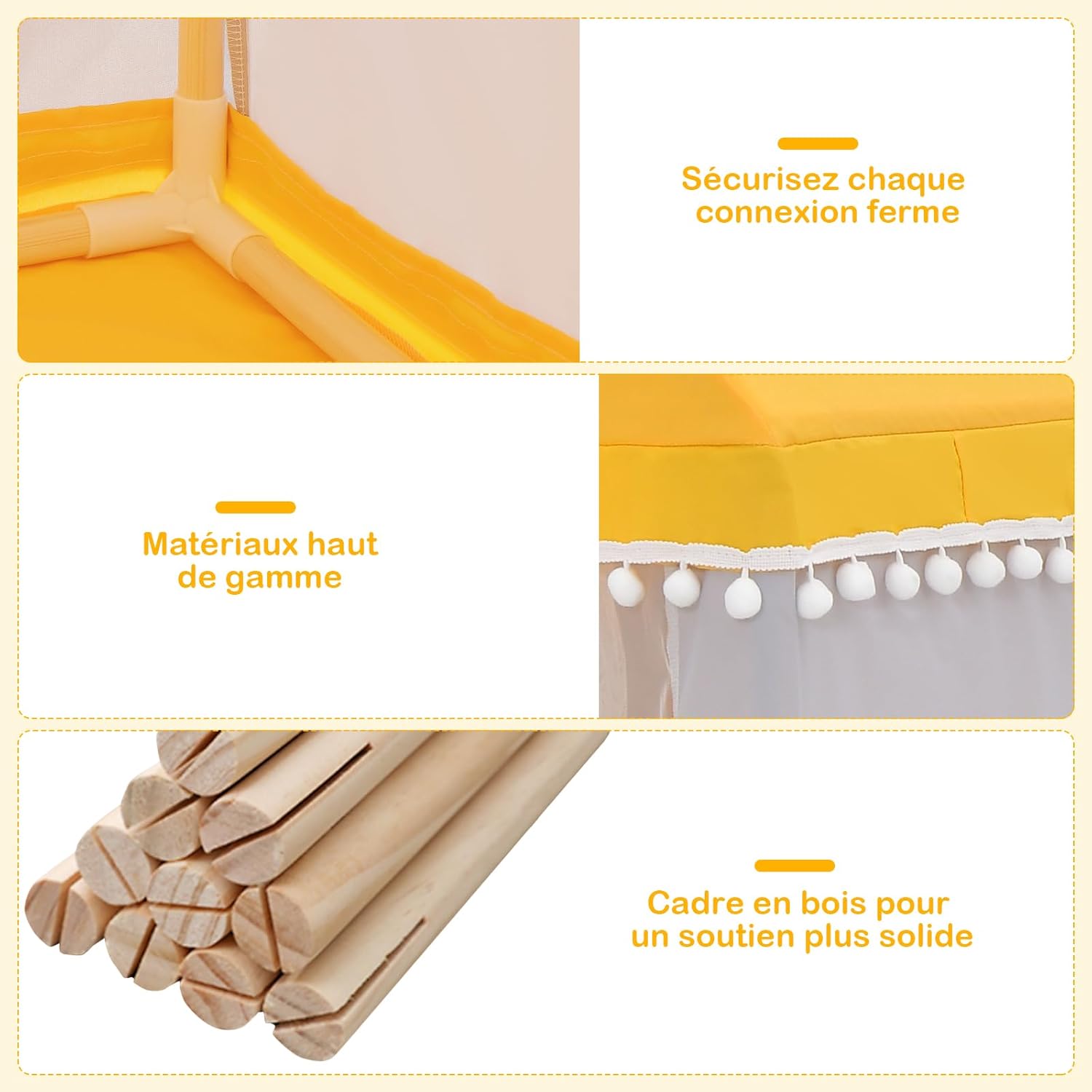 Tenda da Gioco Casetta per Bambini, Castello Giocattolo in Legno Cotone, con Struttura Stabile e Finestre Traspirabili, 105x120x140 cm (Giallo - 7