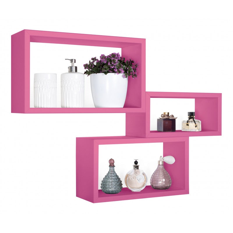 Ensemble de 3 étagères murales, bibliothèque flottante, étagère murale, fuchsia, 45x27x15,5 cm, 40x22x15,5 cm et 35x17x15,5 cm - Triptyque - 3