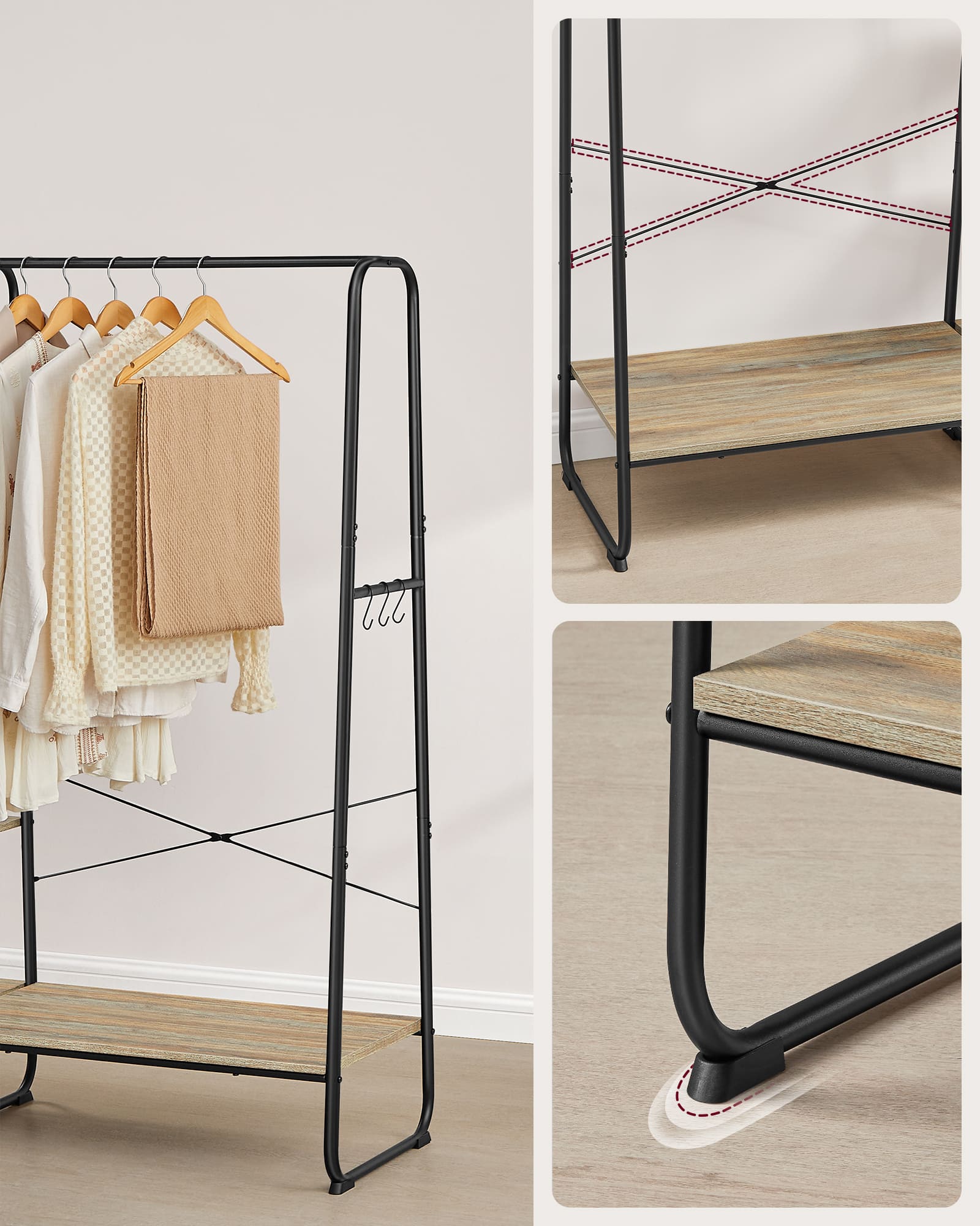 Porte-manteau sur Pieds avec 5 Étagèress de Rangement, 6 Crochets, pour Chambre, Salon, Couloir, Style Industriel, Marron Turquoise et Noir Mat - 5