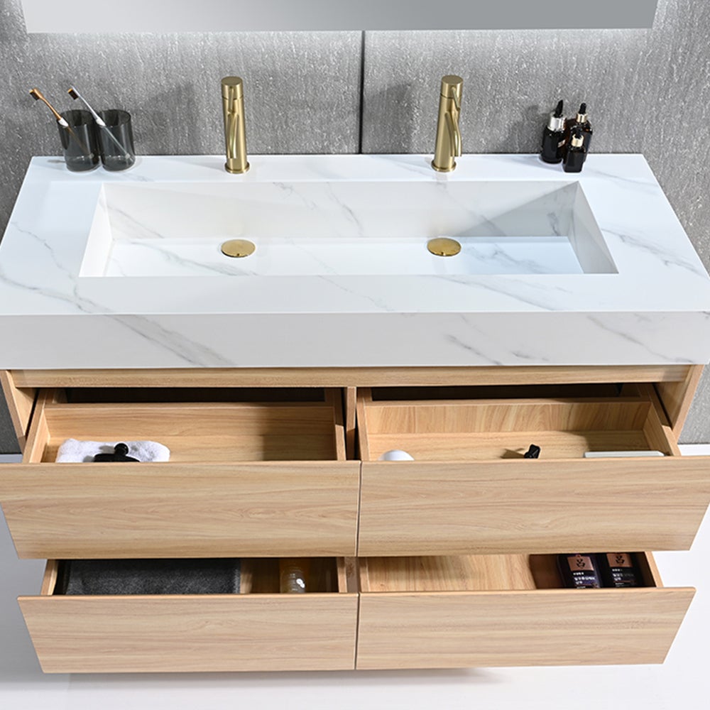 Meuble salle de bain double vasque 120cm bois naturel et effet marbre blanc avec miroir LED LB-8476C-120 - 5