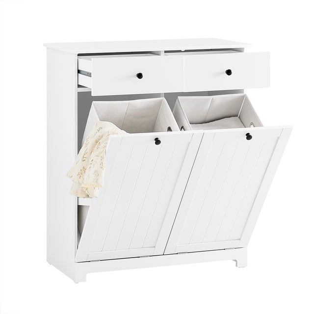 SoBuy Meble łazienkowe z koszem na brudną bieliznę 2 szuflady 2 worki biały 78x38x90cm BZR33-II-W
