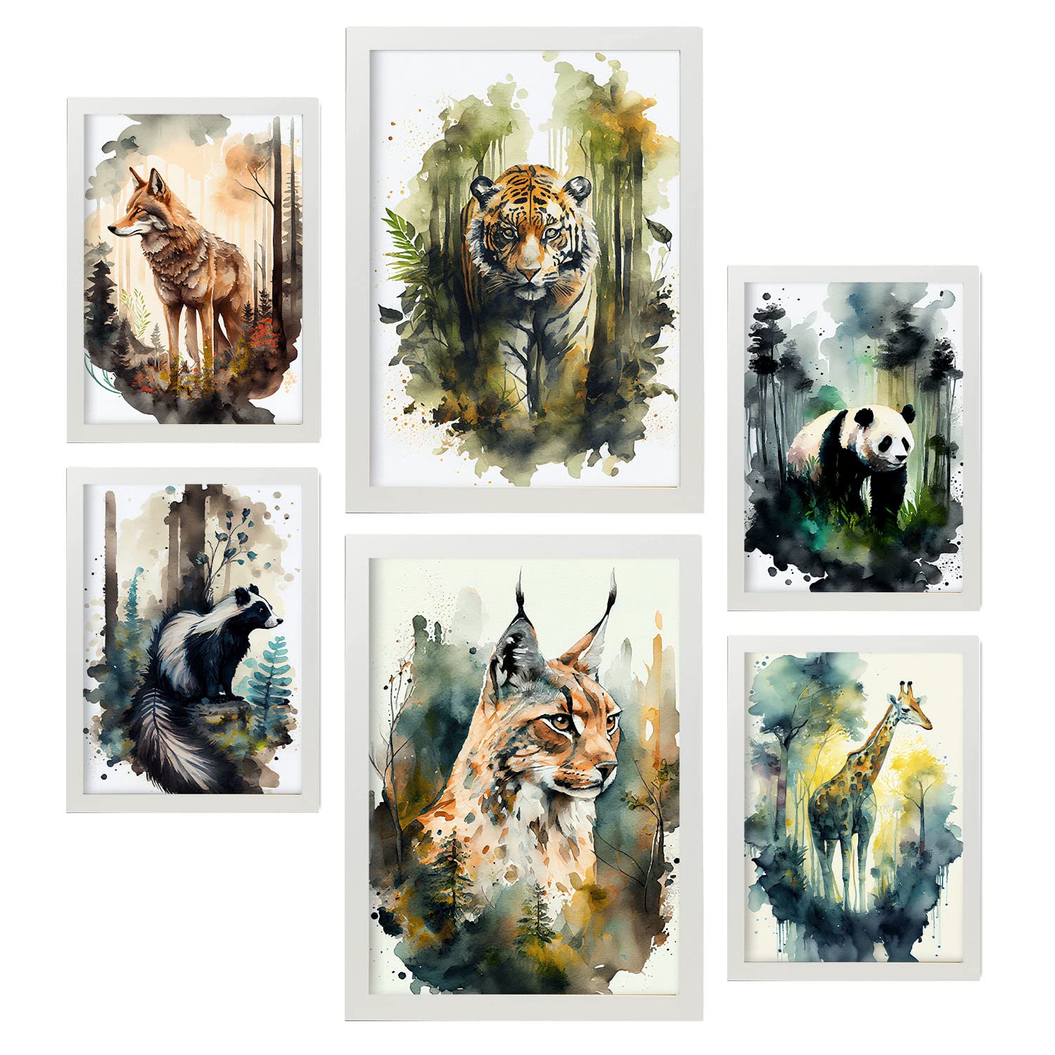 Nacnic posters de cálido y frío coloridas ilustraciones de animales en paisajes naturales estilo acuarela para la a4 & a3 marcos blancos