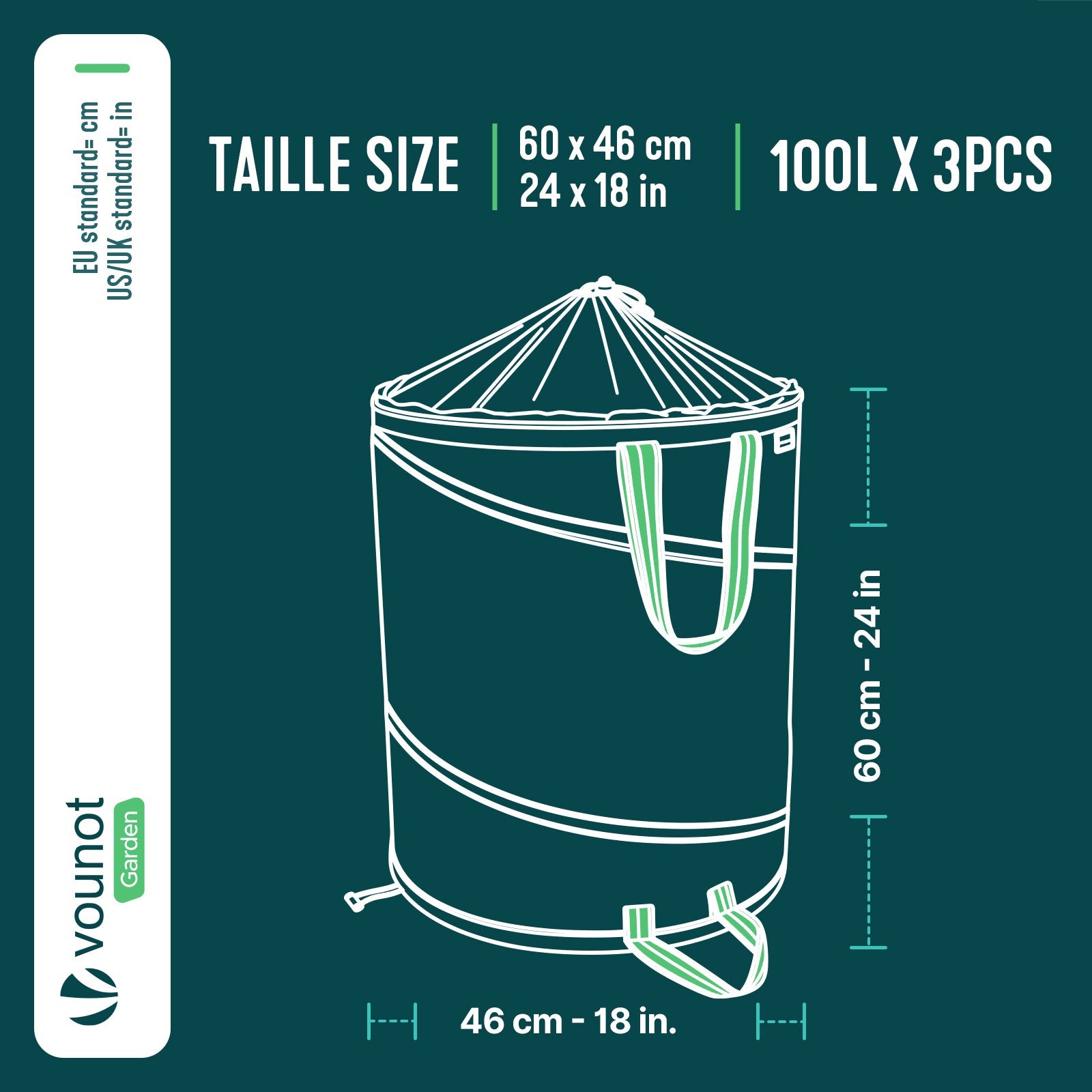 VOUNOT® 3 x 100L Borsa da Giardino per Foglie, Sacchi da Giardinaggio Pop Up, Sacco per Rifiuti da Giardino con Maniglie - 3