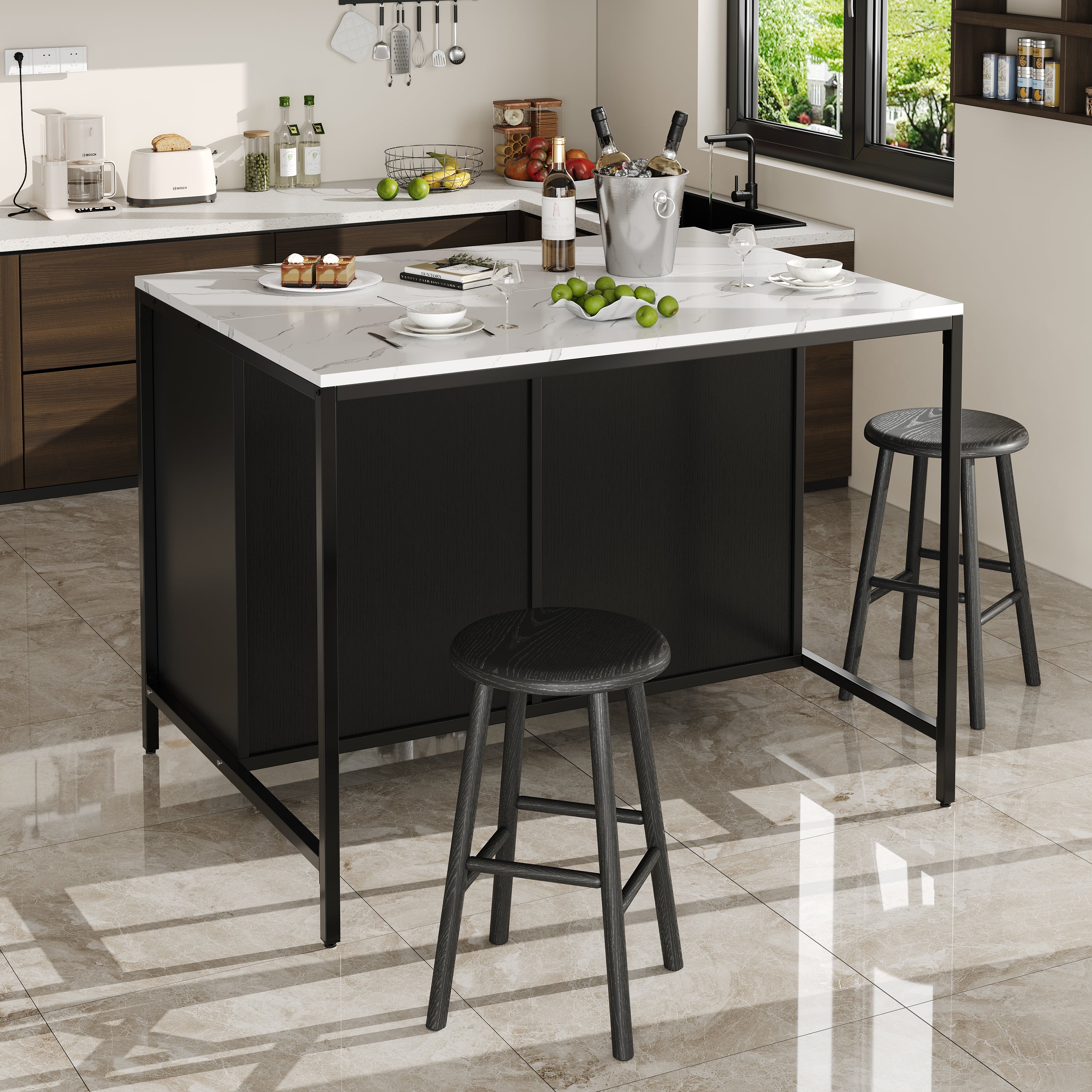 Isla de cocina alta con 2 cajones/estantes regulables, 100 x 90 x 90 cm, mdf, negro