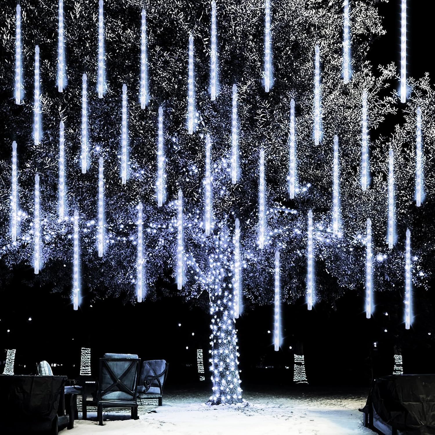 Zewnętrzne lampki świąteczne, 240 LED, deszcz meteorów, dekoracje świąteczne, girlandy świąteczne, białe (10 rurek - 30 cm)