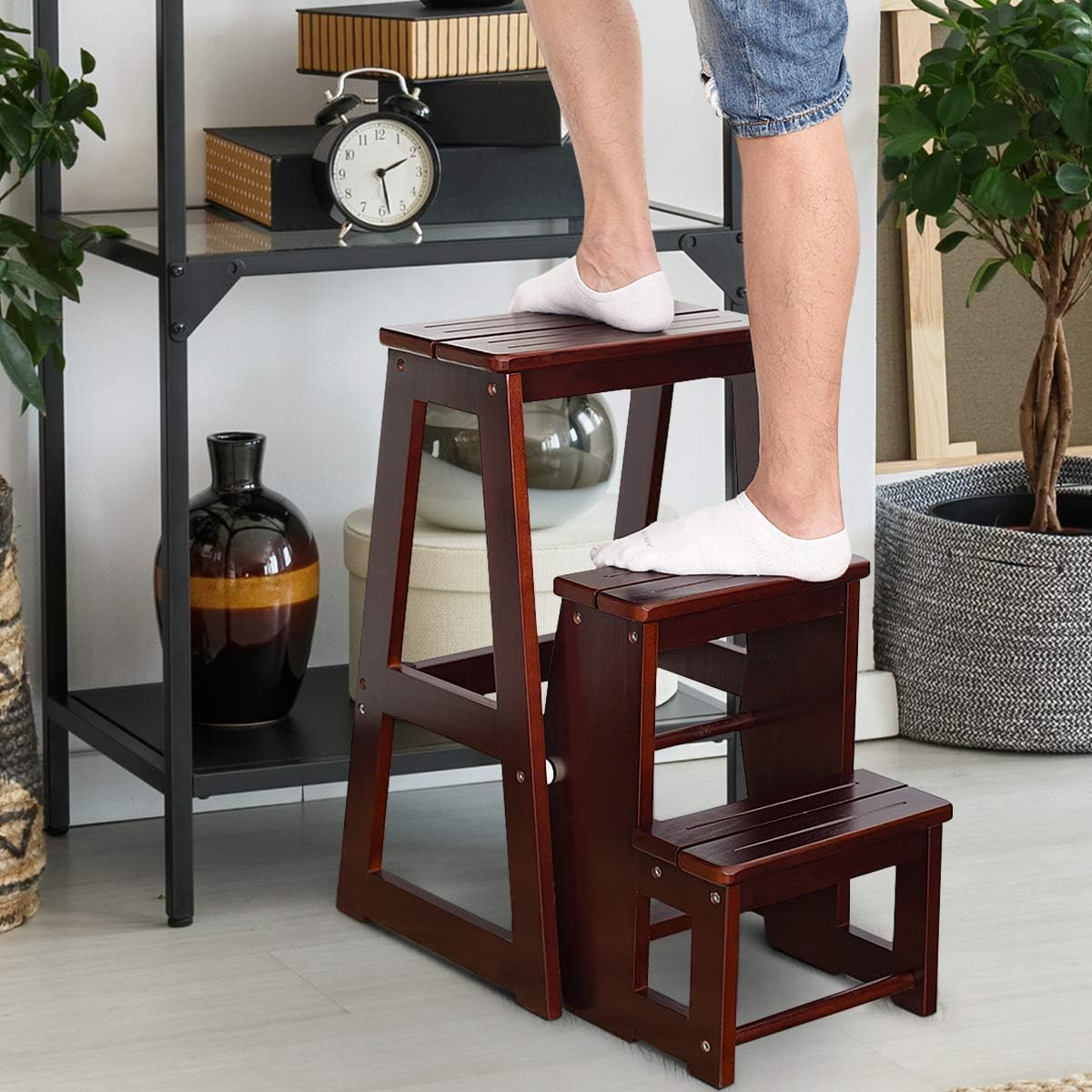 Tabouret d'Echelle 3 Marches Tabouret d’Escabeau Pliable 3 Etages, 57 x 39 x 65 CM, Fait en Bois de Pin (Brun) - 6