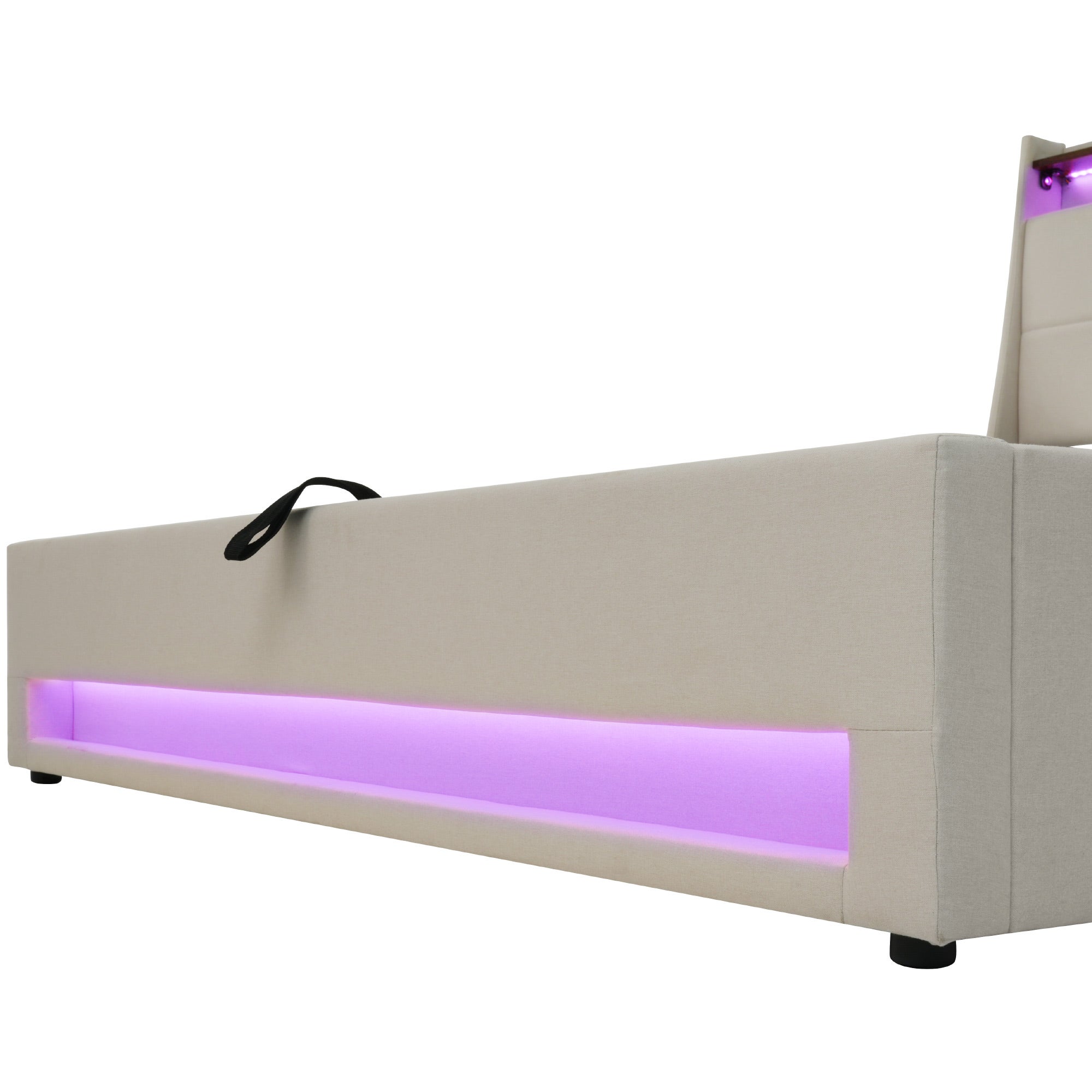 Cama con almacenaje de lino 160x200 cm con LED y puertos USB - somier - beige - 9