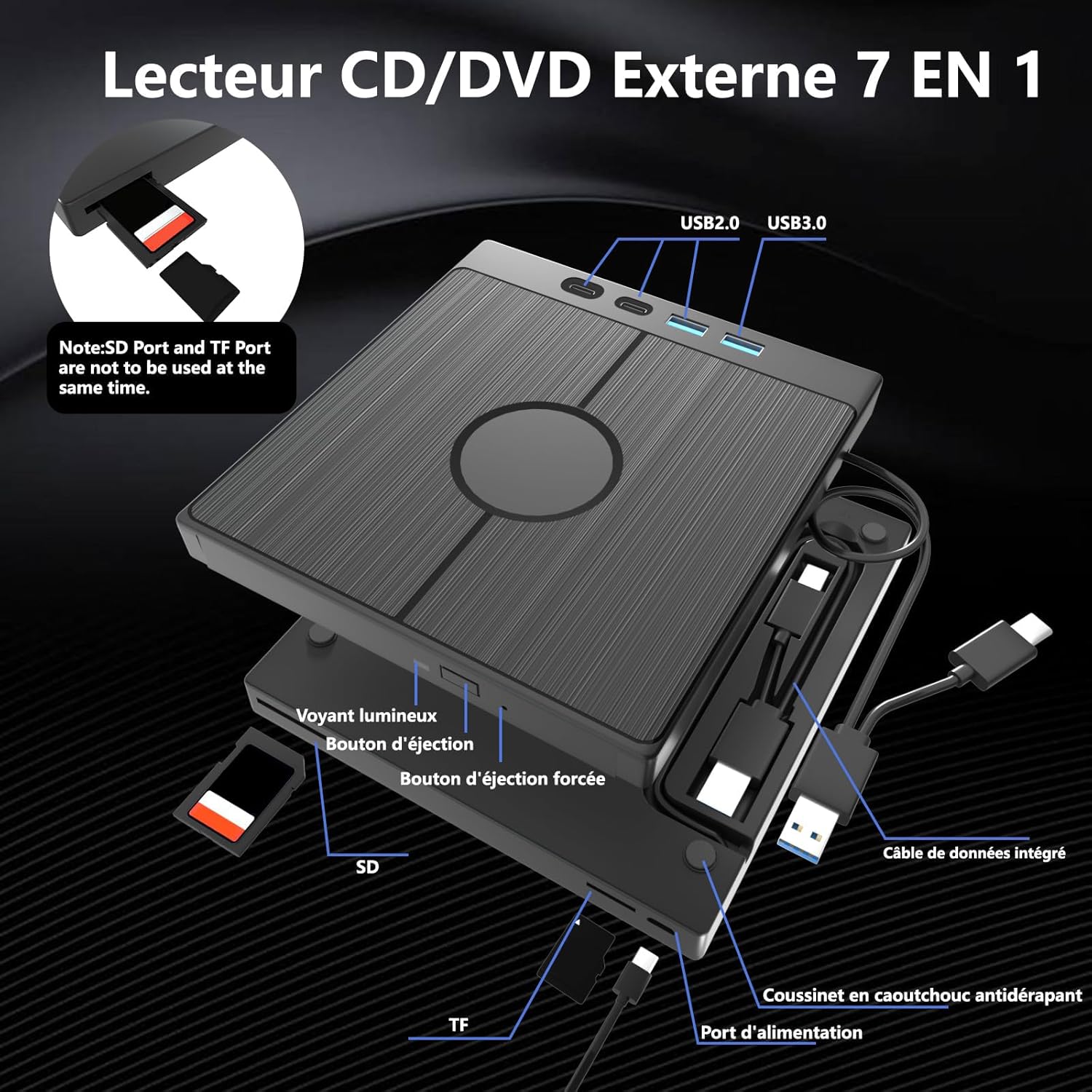 Graveur CD DVD Externe 7 en 1 USB 3.0 Type-C Graveur CD DVD RW Lecteur SD TF Transmission Rapide Câble Intégré Win 11 10 8 7 XP Vista - 5