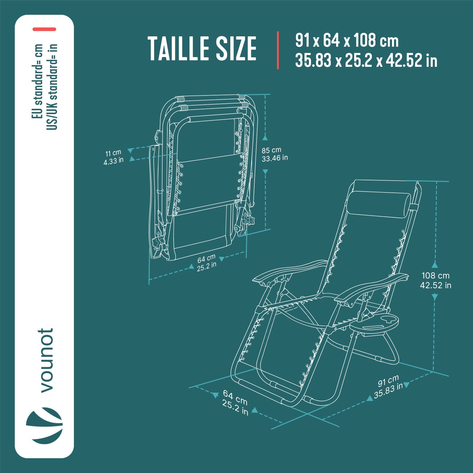 Chaise Longue inclinable en testilene avec porte gobelet et portable Noir Lot de 2 VOUNOT® - 3